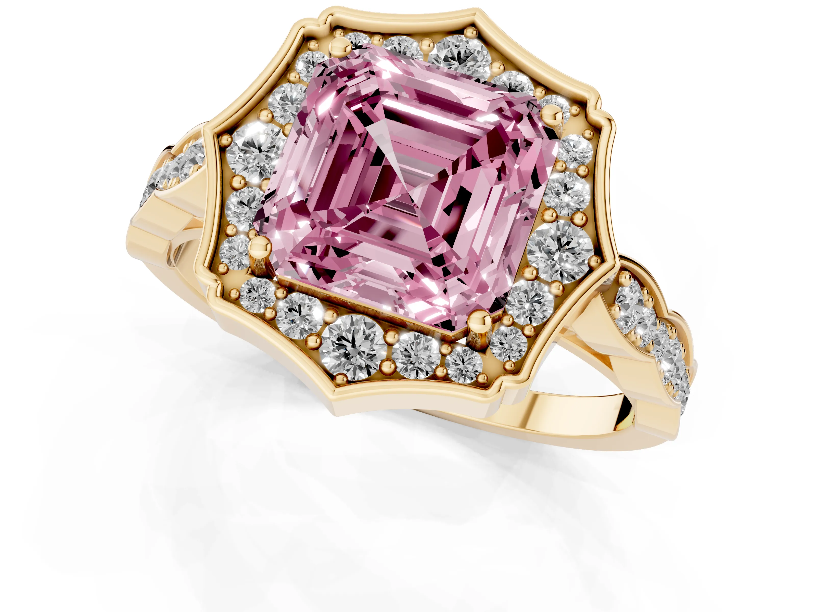 Fancy Pink Asscher Cut Diamond Halo Engagement Ring Set in Yellow gold with Milgrain Band and Prong Setting