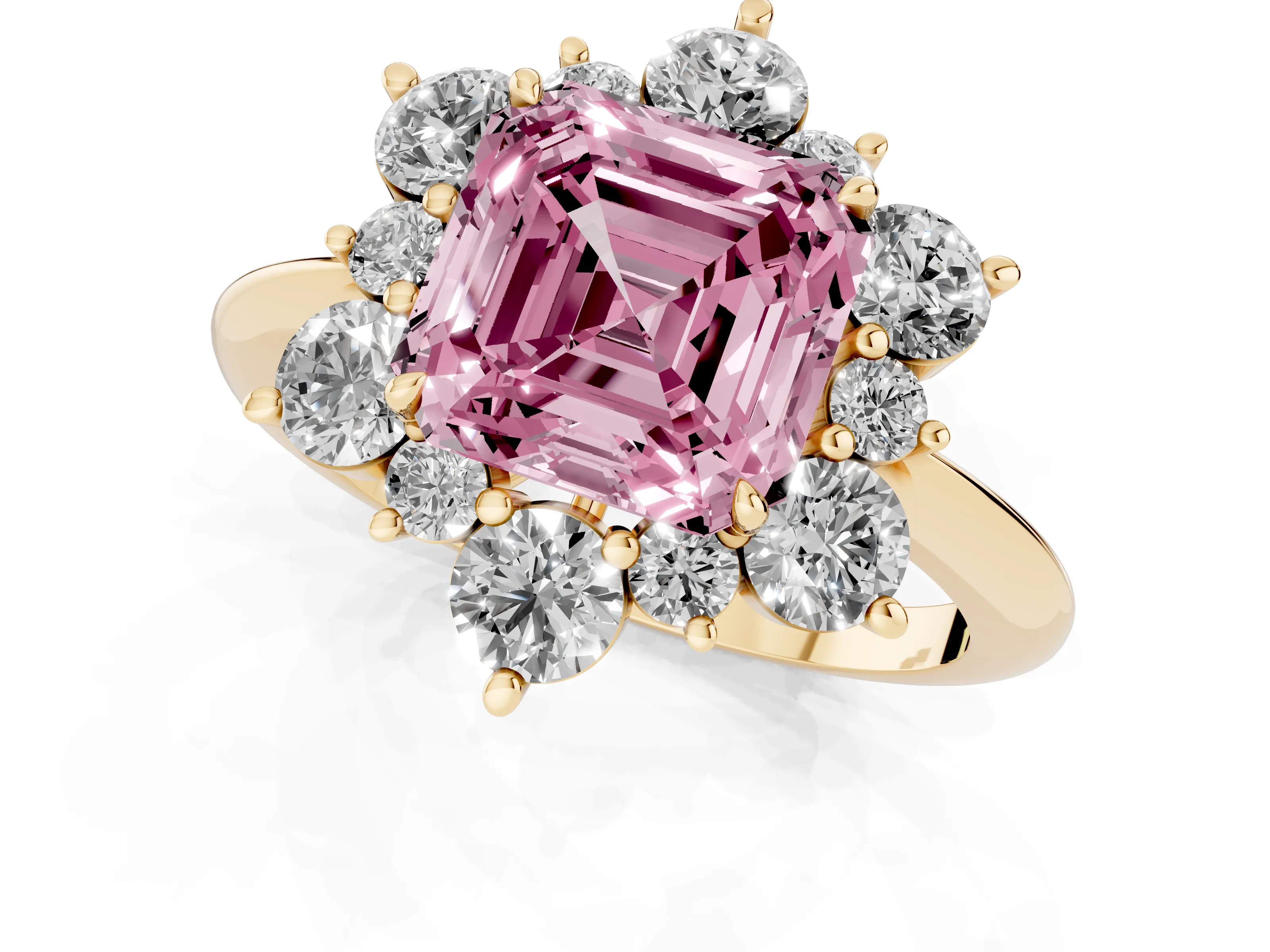 Fancy Pink Asscher Cut Diamond Cluster Halo Ring Set in Yellow gold with Solitaire Band and Prong Setting