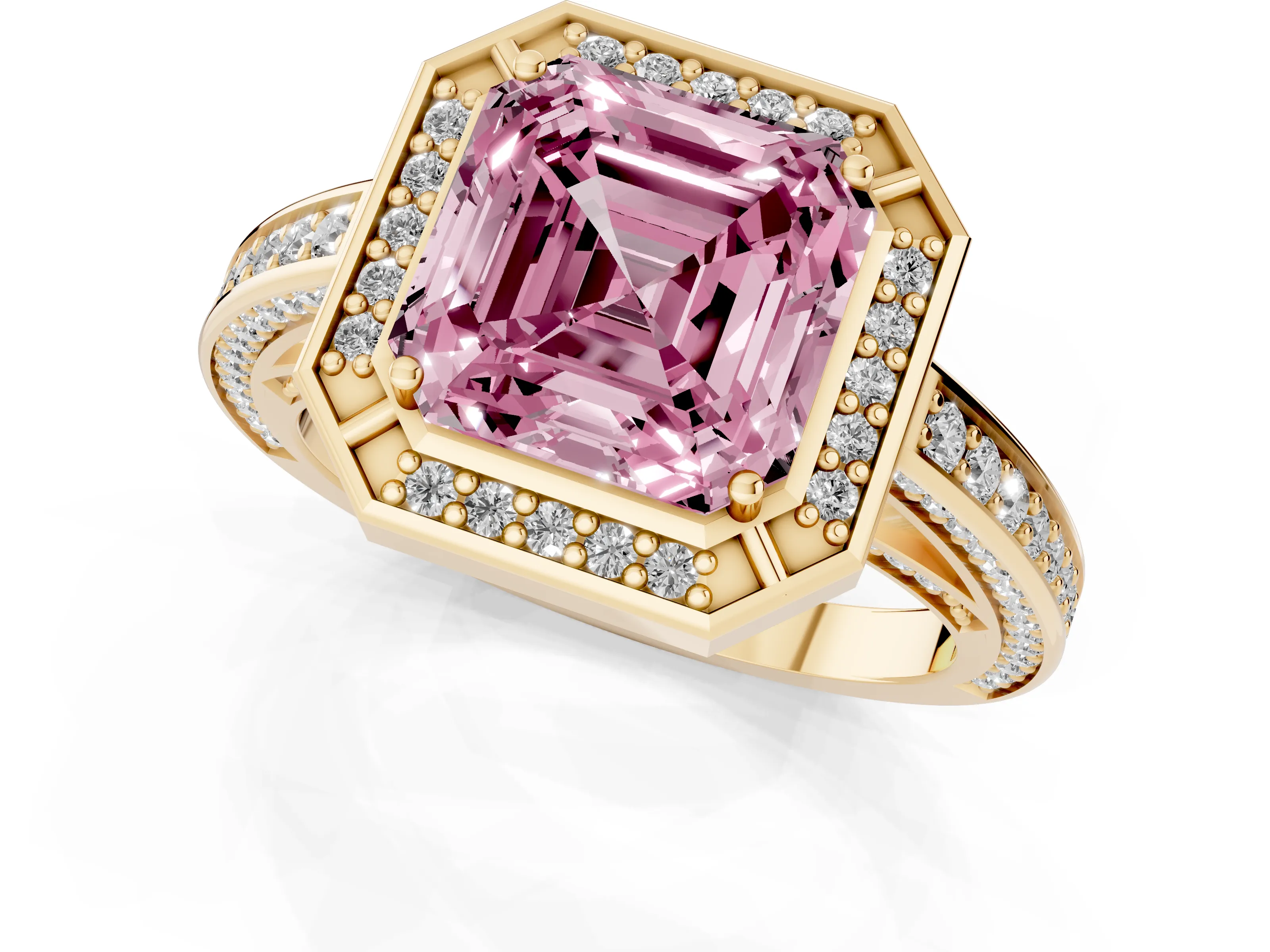 Fancy Pink Asscher Cut Diamond Halo Pavé Split Shank Ring Set in Yellow gold with Prong Setting