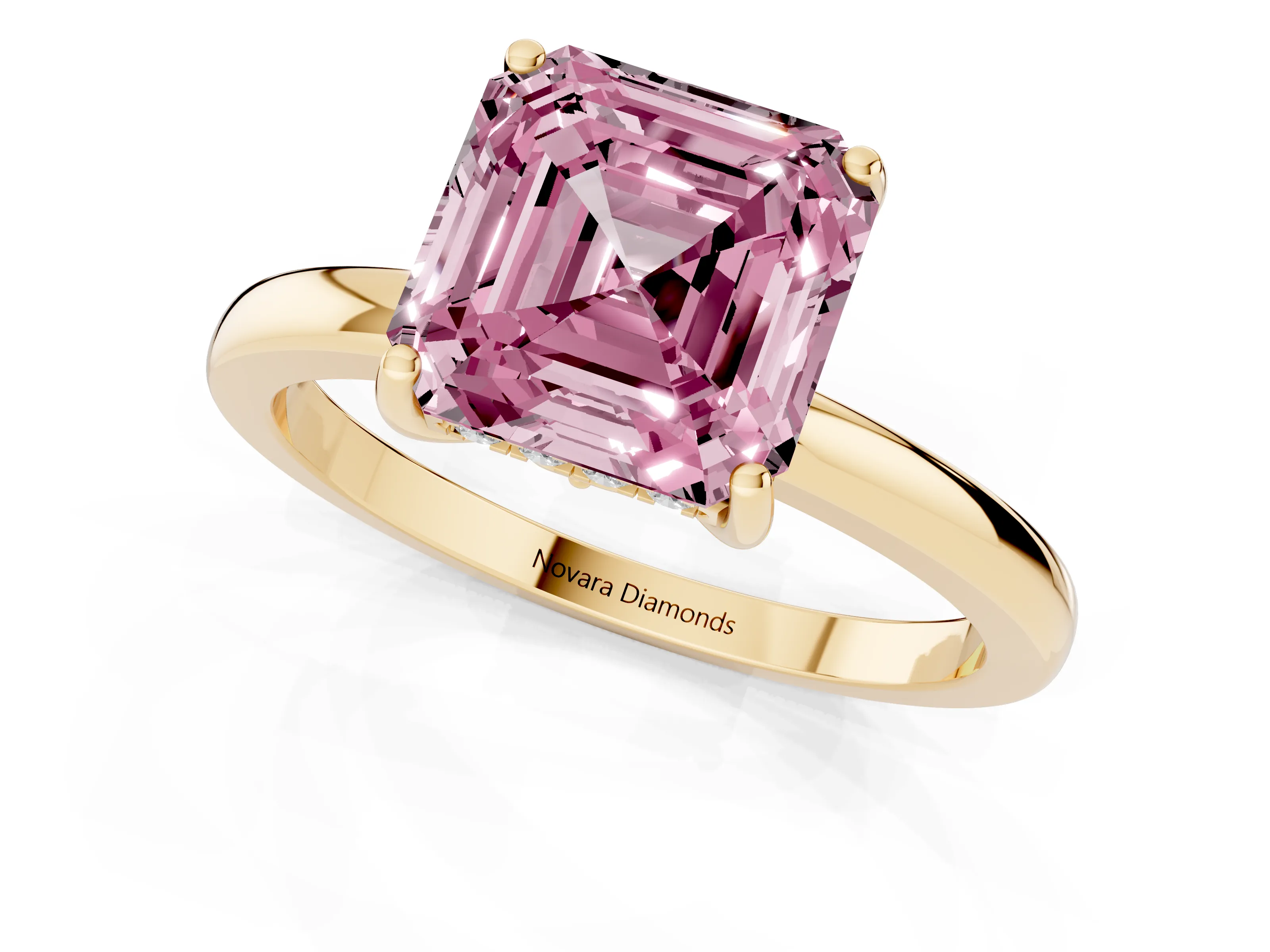 Fancy Pink Asscher Cut Diamond Solitaire Ring Set in Yellow gold with Plain Band and Prong Setting