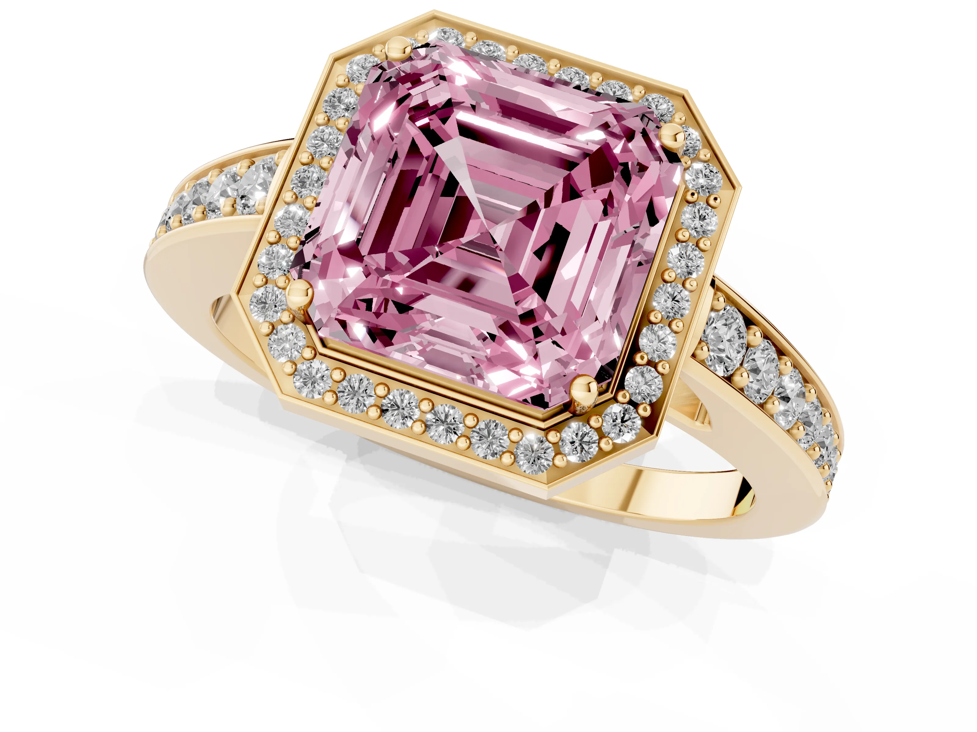 Fancy Pink Asscher Cut Diamond Halo Pavé Engagement Ring Set in Yellow gold with Bezel Setting