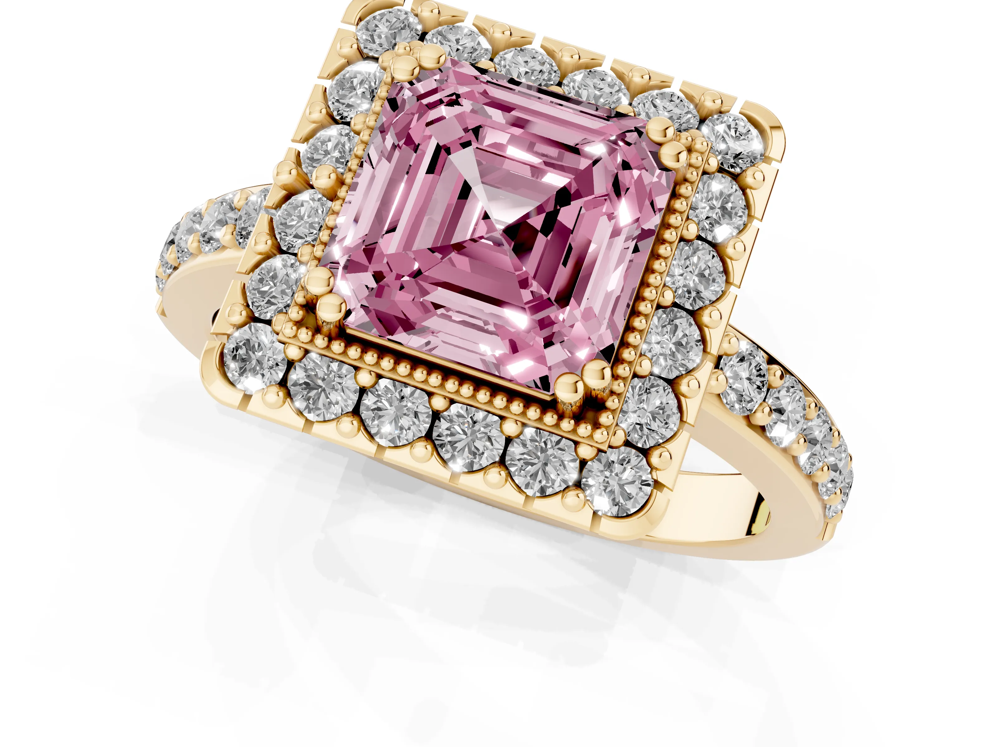 Fancy Pink Asscher Cut Diamond Halo Ring Set in Yellow gold with Pavé Shank and Prong Setting