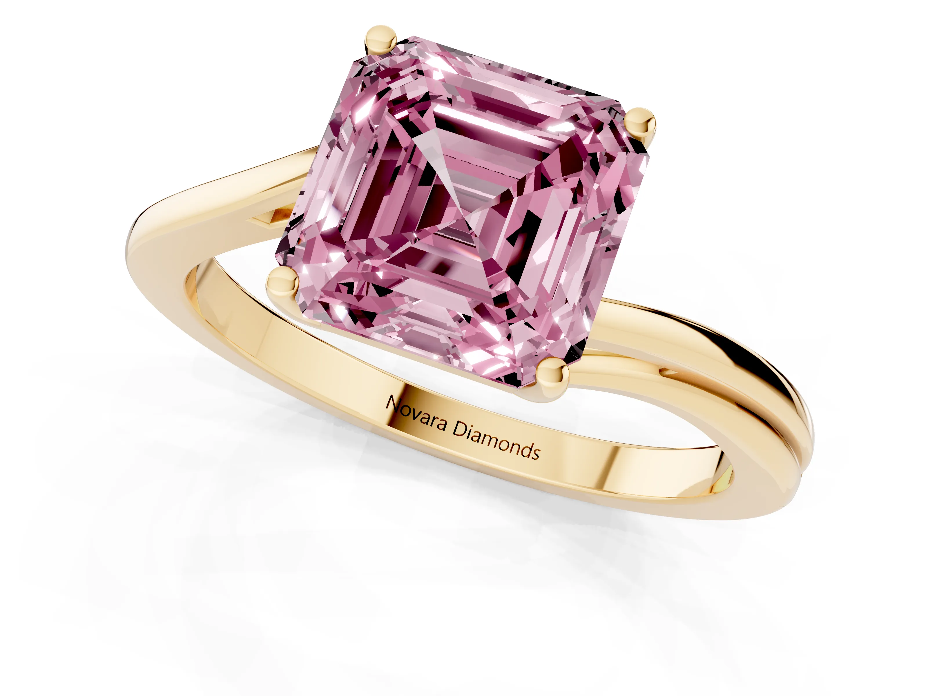 Fancy Pink Asscher Cut Diamond Solitaire Twist Band Ring Set in Yellow gold with Prong Setting