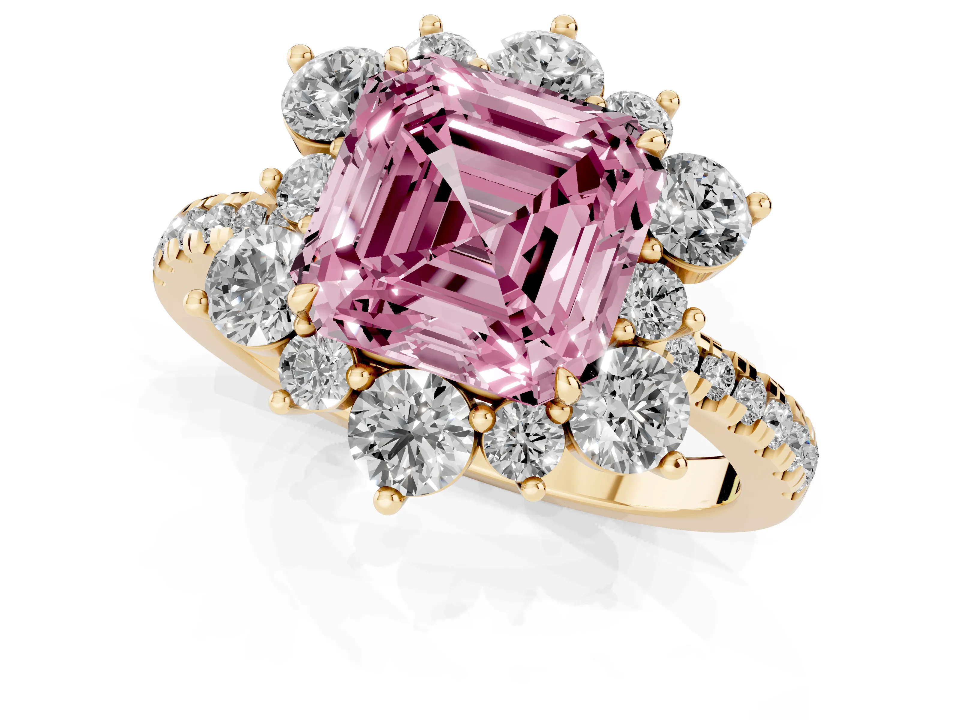 Fancy Pink Asscher Cut Diamond Floral Halo Ring Set in Yellow gold with Round Pavé Band and Prong Setting