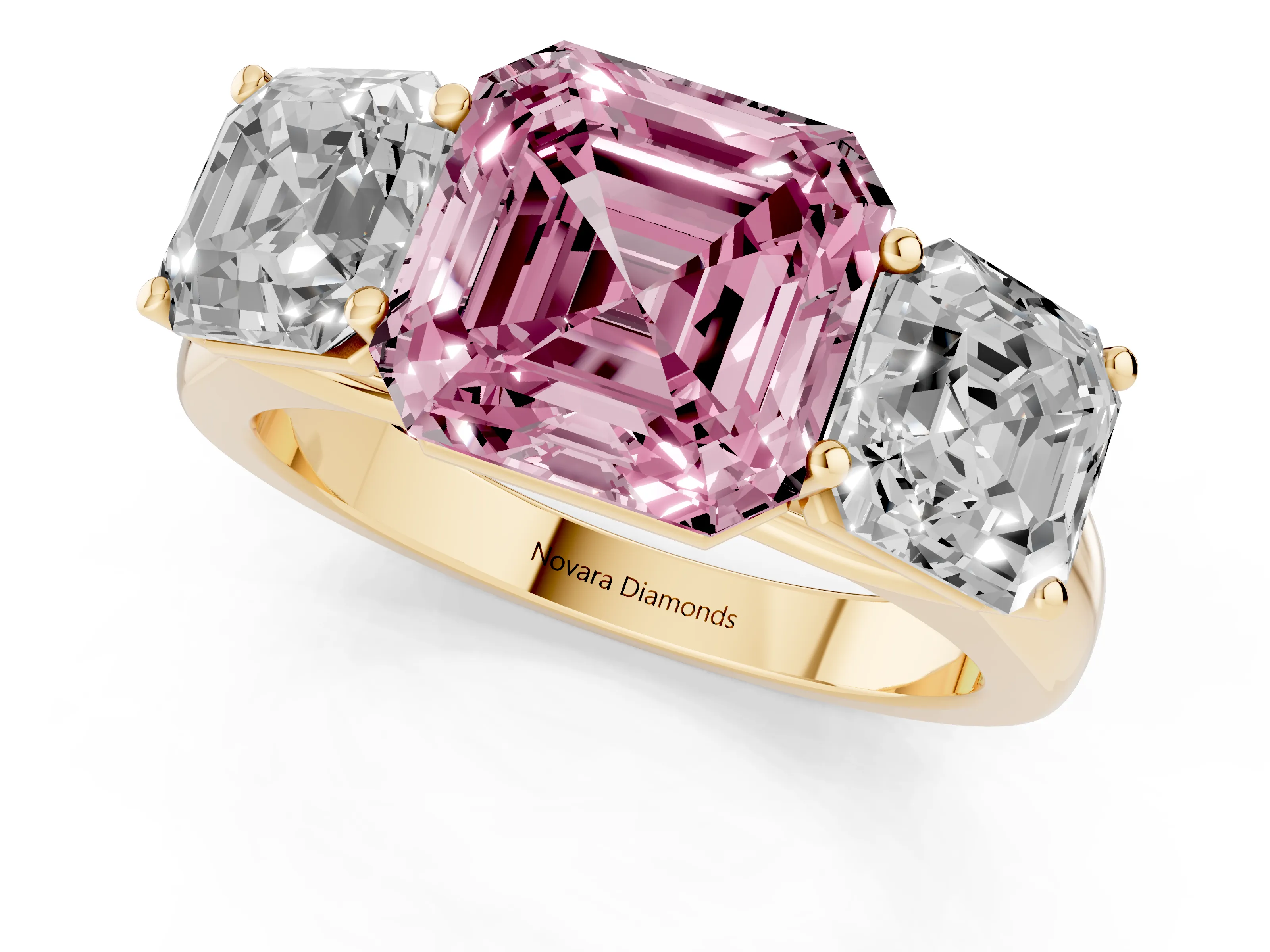 Fancy Pink Asscher Cut Diamond Three-Stone Ring Set in Yellow gold with Plain Polished Band