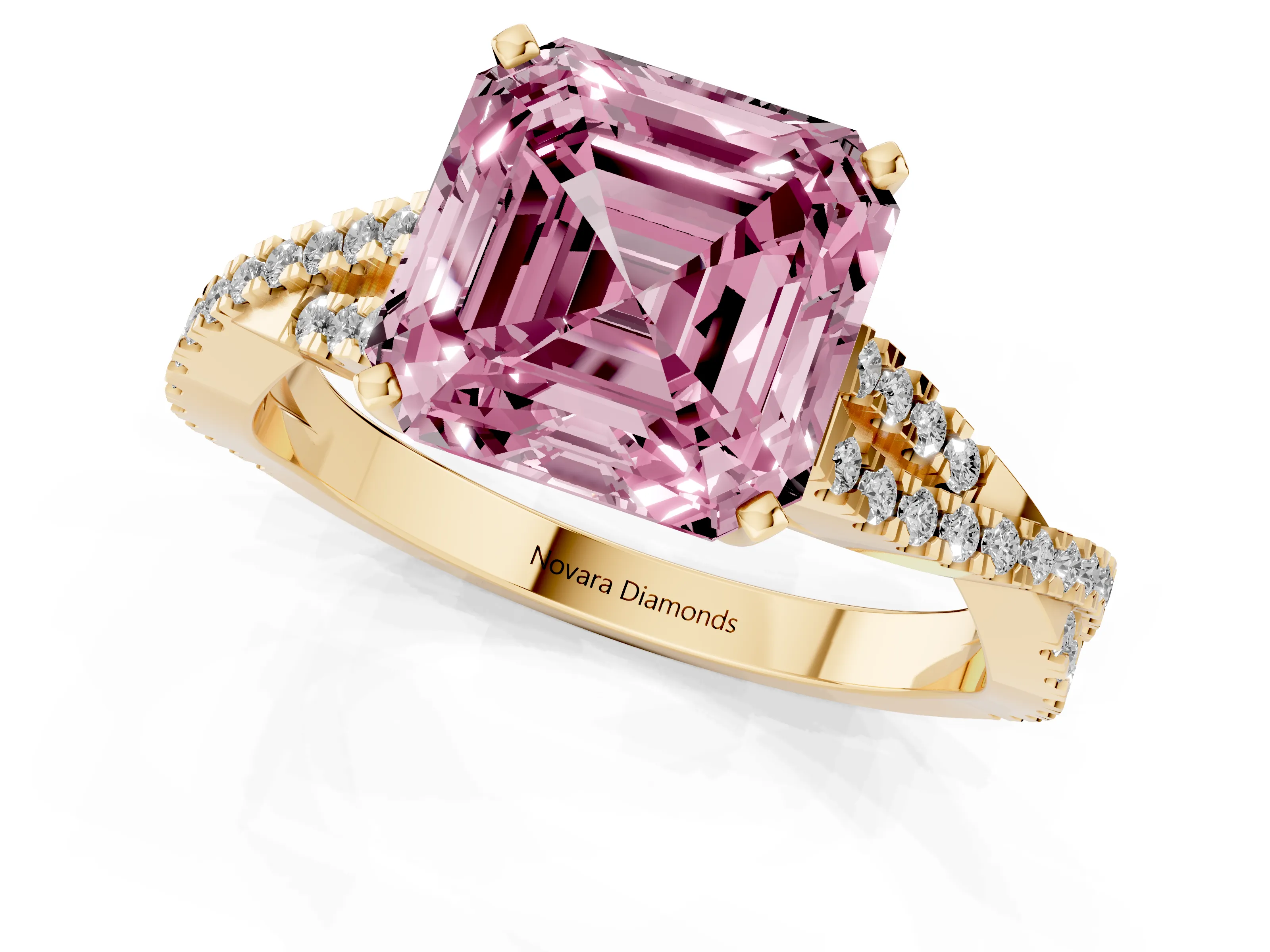 Fancy Pink Asscher Cut Diamond Solitaire Engagement Ring Set in Yellow gold with Twisted Pavé Band and Prong Setting