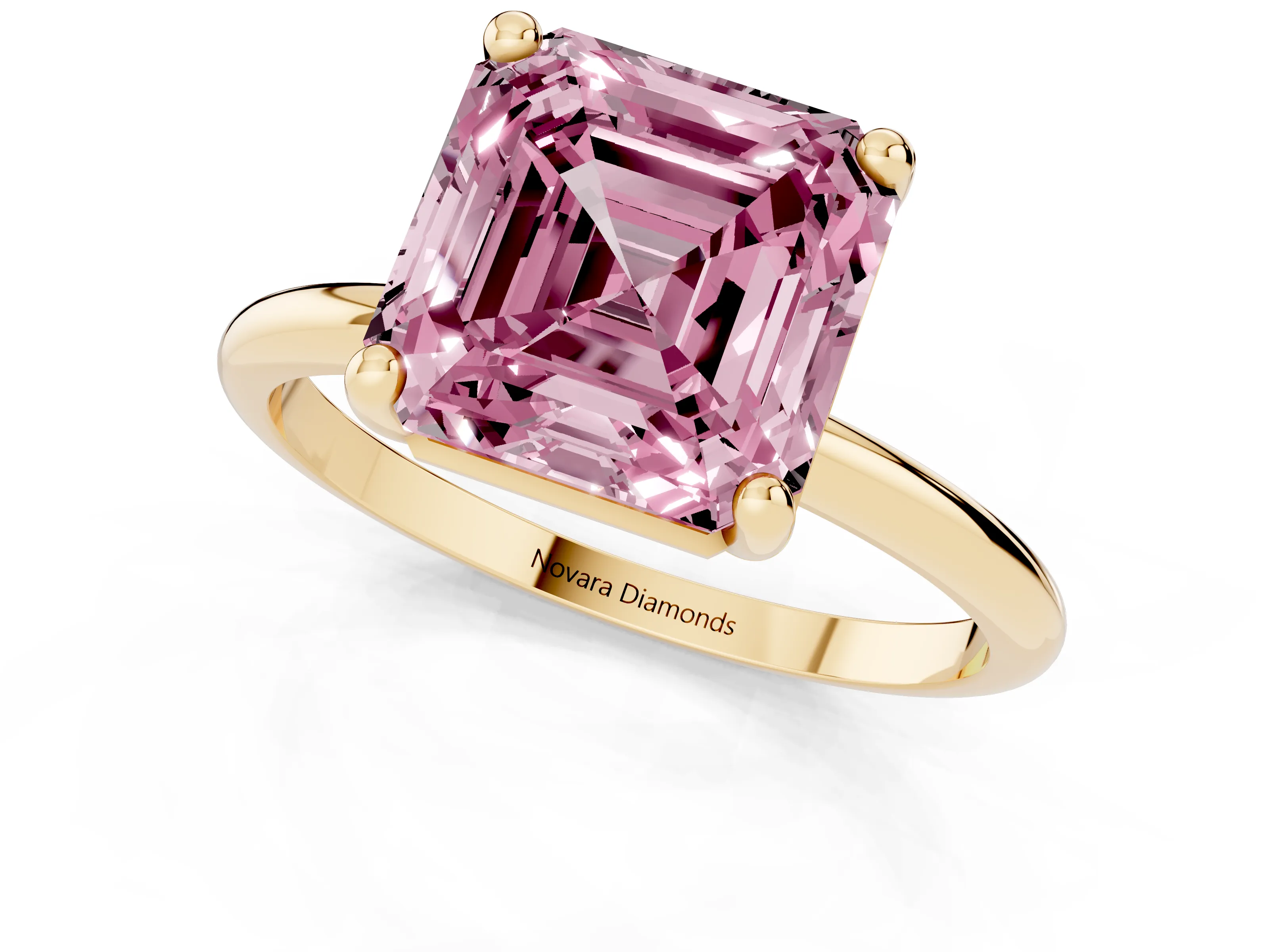 Fancy Pink Asscher Cut Diamond Solitaire Ring Set in Yellow gold with Secure Prong Setting on a Classic Band