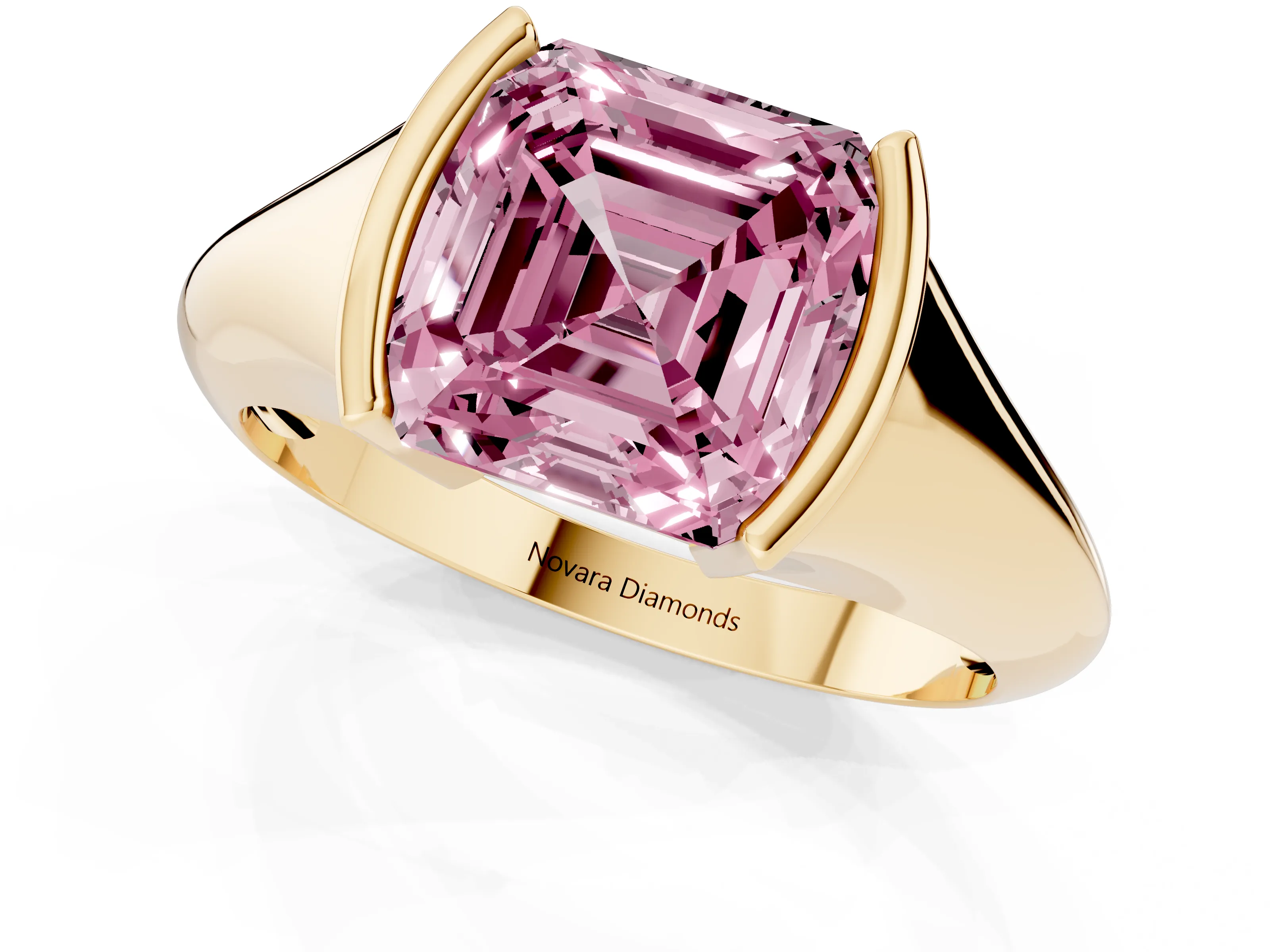 Fancy Pink Asscher Cut Diamond Solitaire Tension Set Ring Set in Yellow gold