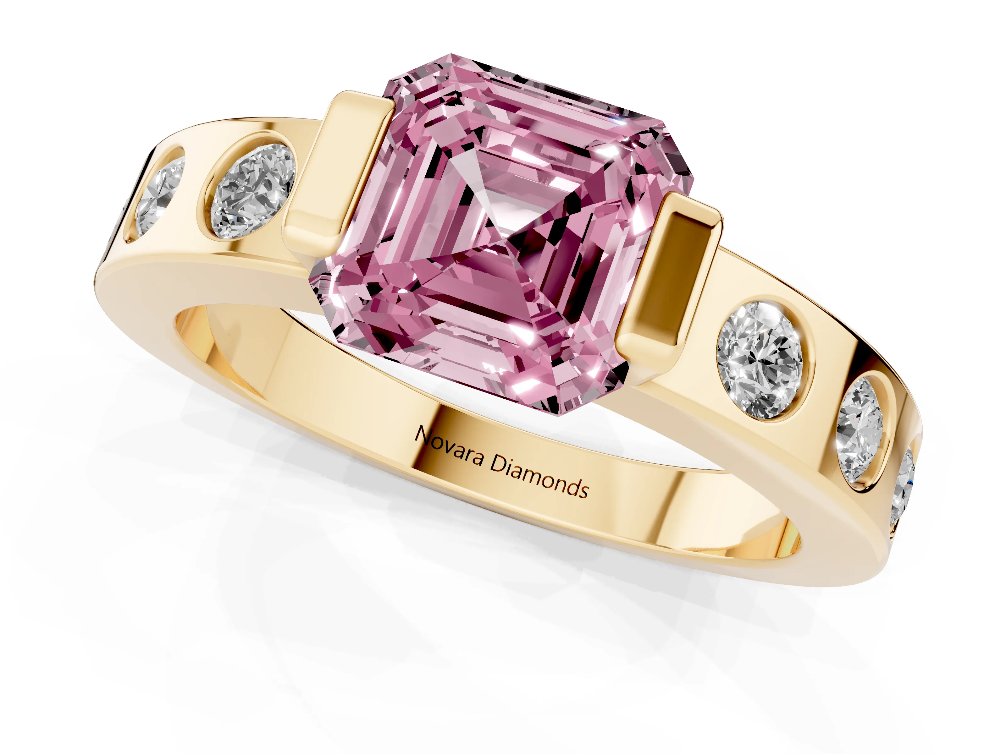Fancy Pink Asscher Cut Diamond Channel-Set Band Ring Set in Yellow gold with Bezel Prong Setting