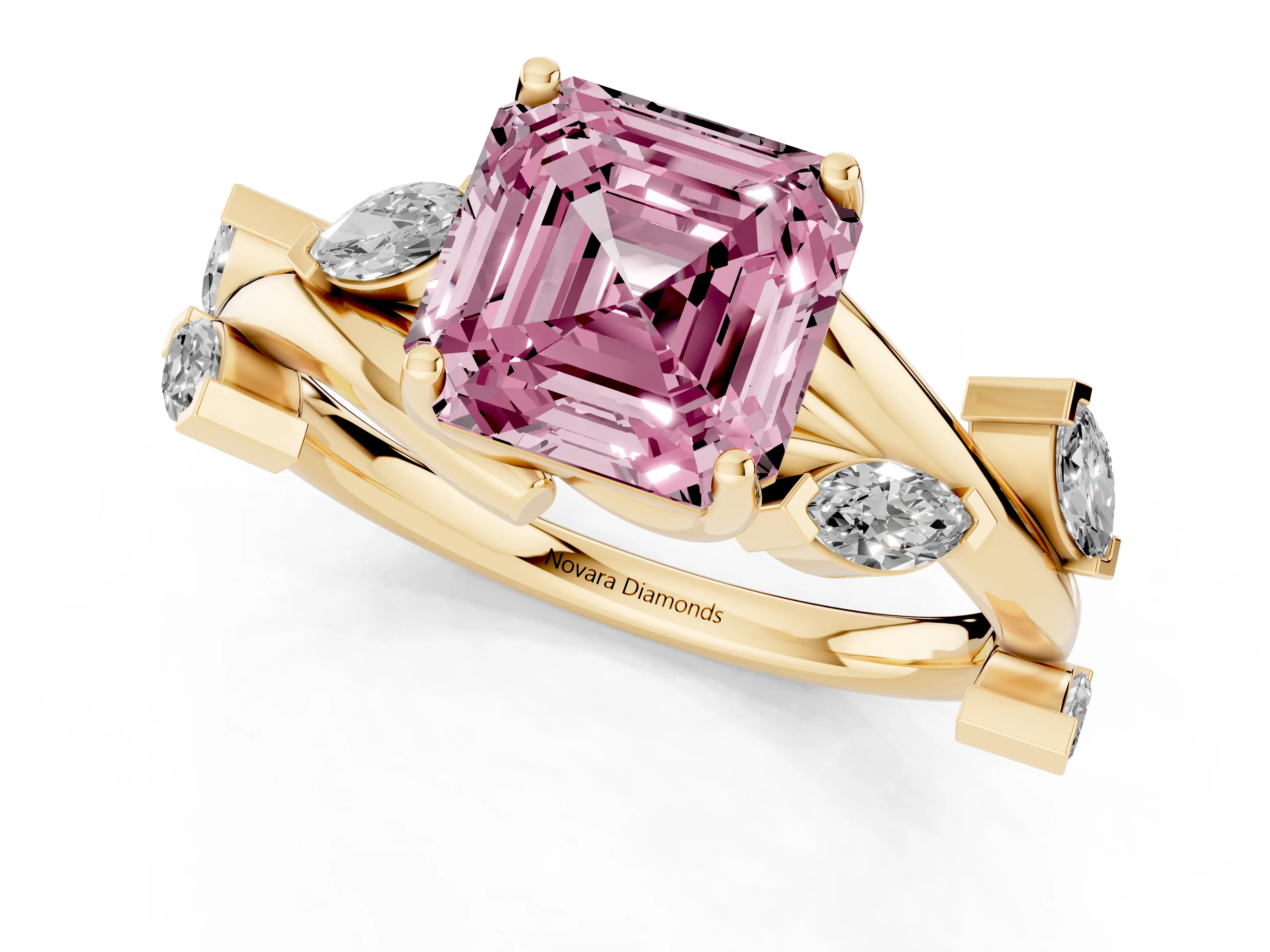Fancy Pink Asscher Cut Diamond Solitaire Ring Set in Yellow gold with Twisted Marquise Accent Band