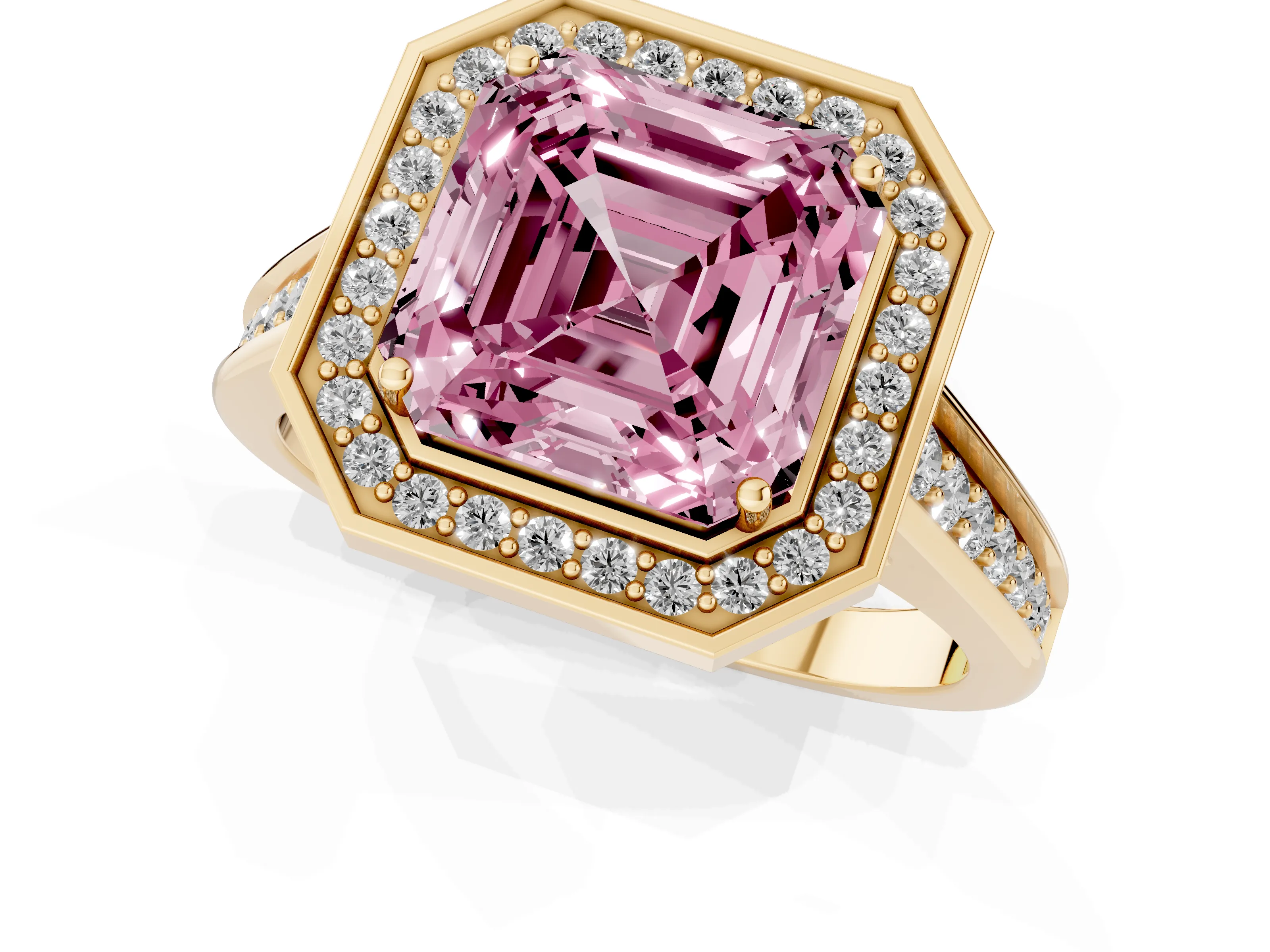 Fancy Pink Asscher Cut Diamond Halo Solitaire Ring Set in Yellow gold with Pavé Band and Bezel Setting
