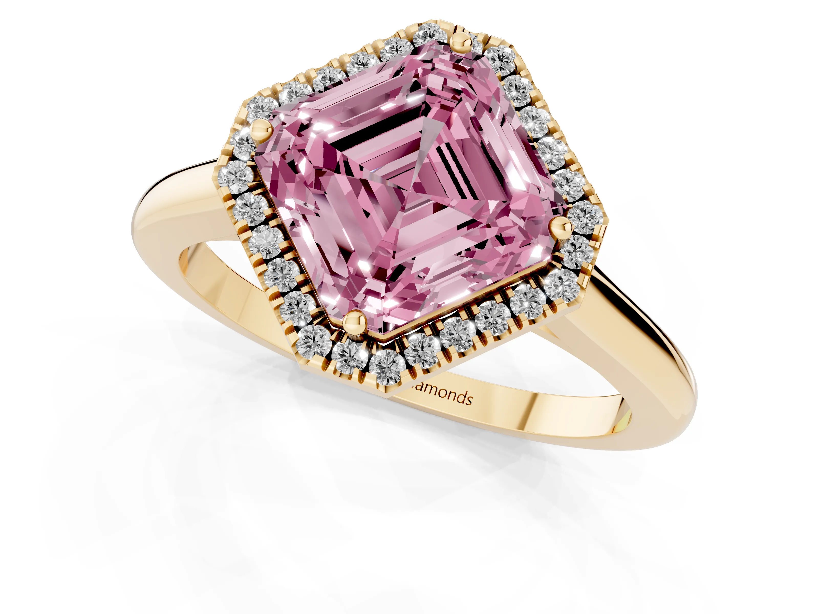 Fancy Pink Asscher Cut Diamond Halo Engagement Ring Set in Yellow gold with Pavé Band and Rising Shoulders