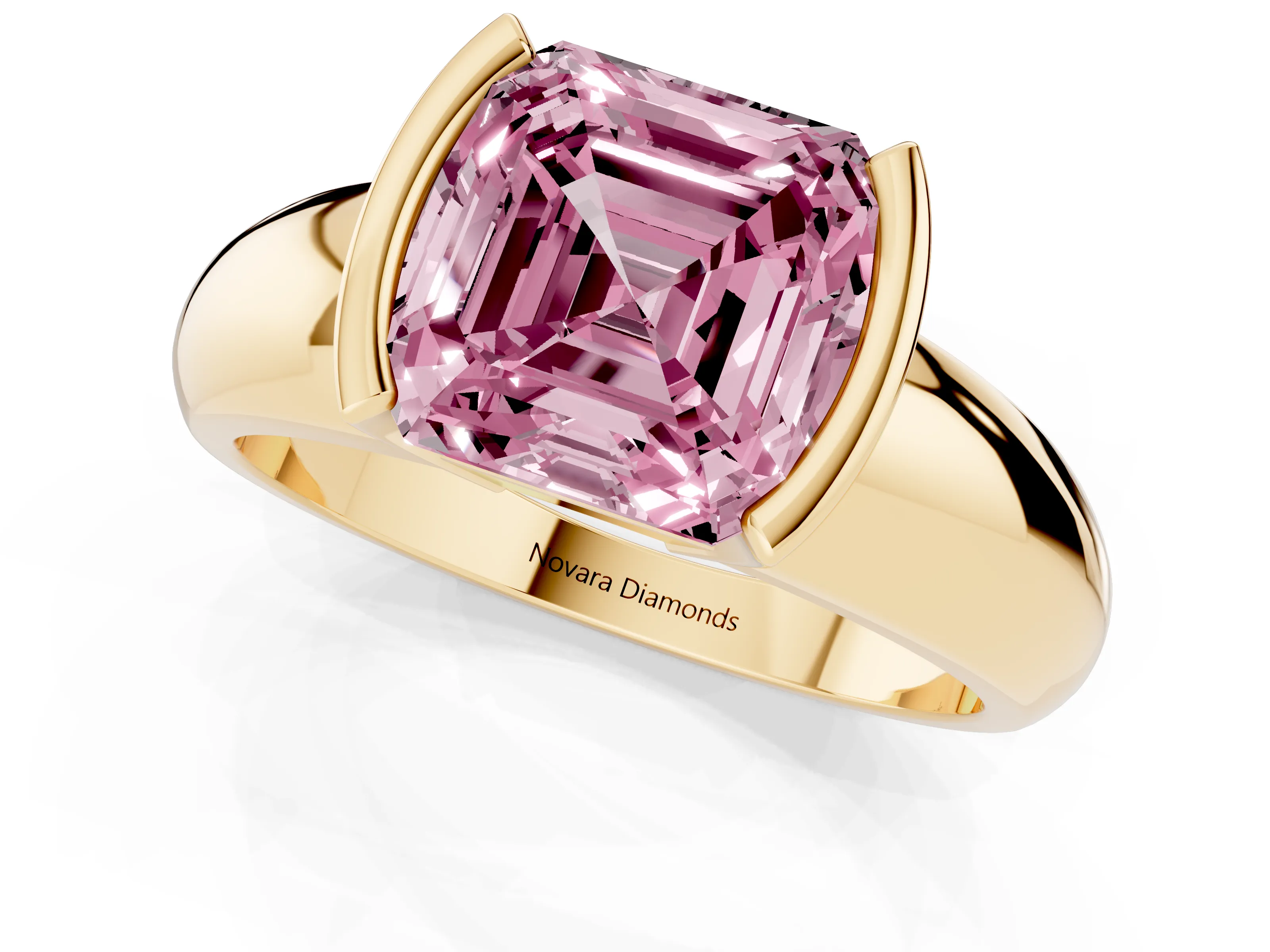 Fancy Pink Asscher Cut Diamond Solitaire Tension Set Ring Set in Yellow gold with Wide Band