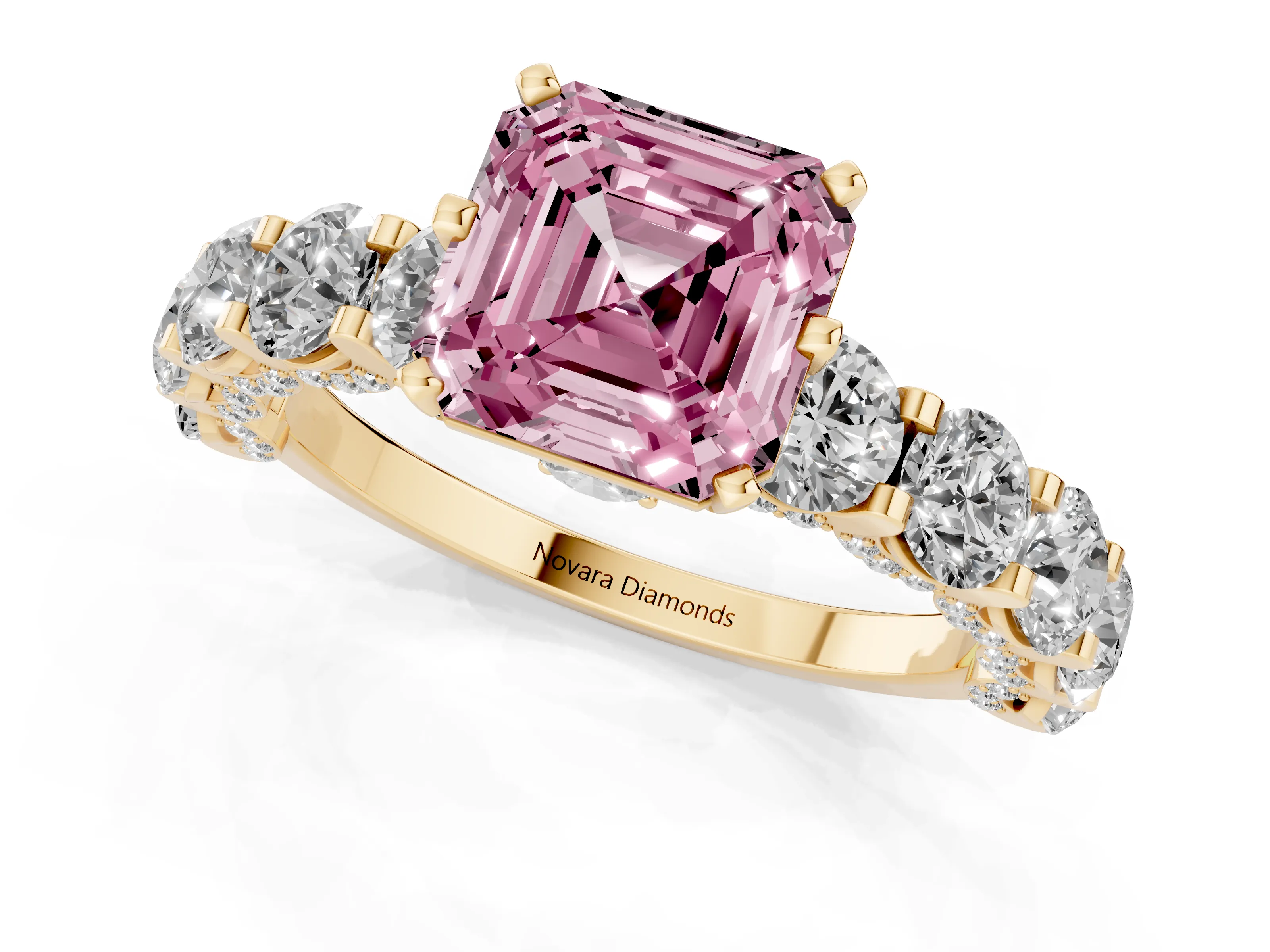 Fancy Pink Asscher Cut Diamond Side Stone Ring Set in Yellow gold with Alternating Round and Oval Side Stones – second view