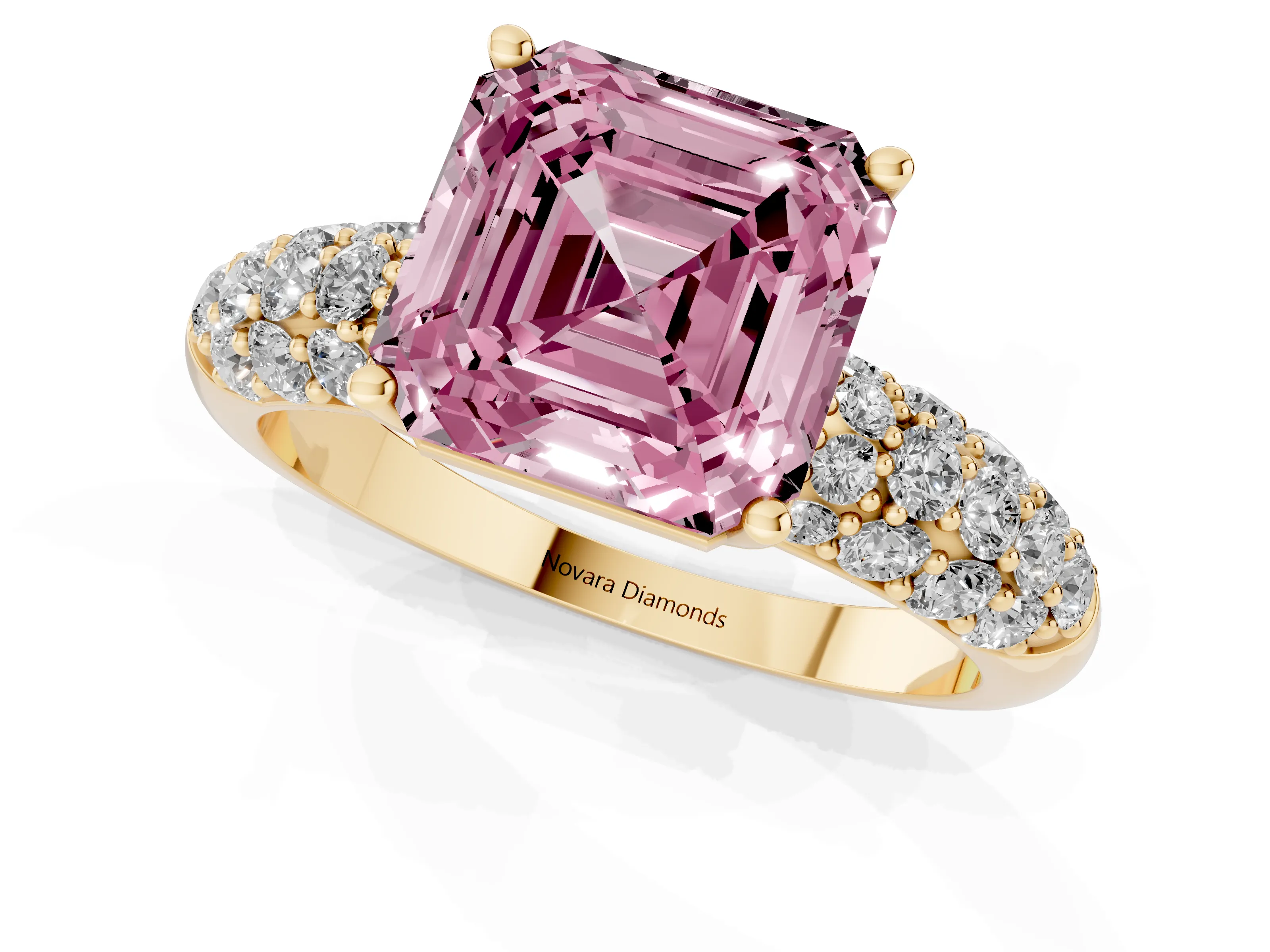 Fancy Pink Asscher Cut Diamond Pavé Band Solitaire Ring Set in Yellow gold with Close-Set Accent Stones and Prong Setting