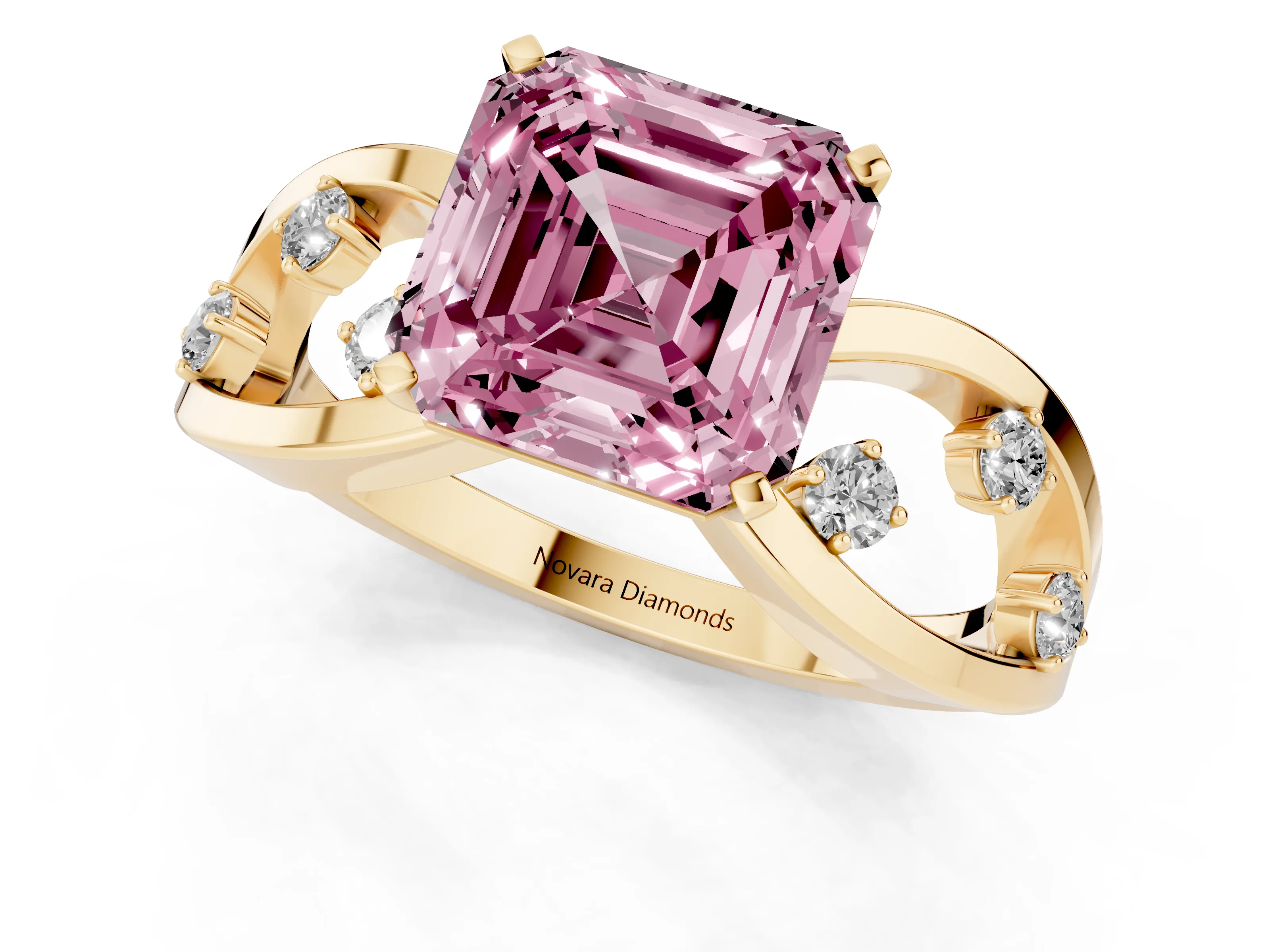 Fancy Pink Asscher Cut Diamond Solitaire Ring Set in Yellow gold with Side Stones on Criss-Cross Band and Prong Setting