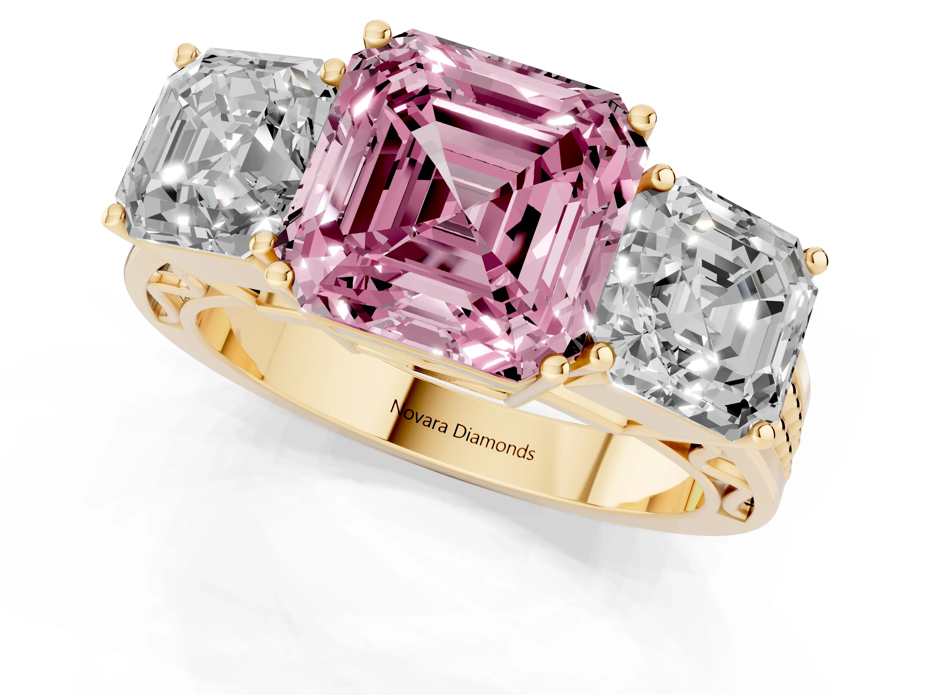 Fancy Pink Asscher Cut Diamond Three-Stone Ring Set in Yellow gold with Textured Band