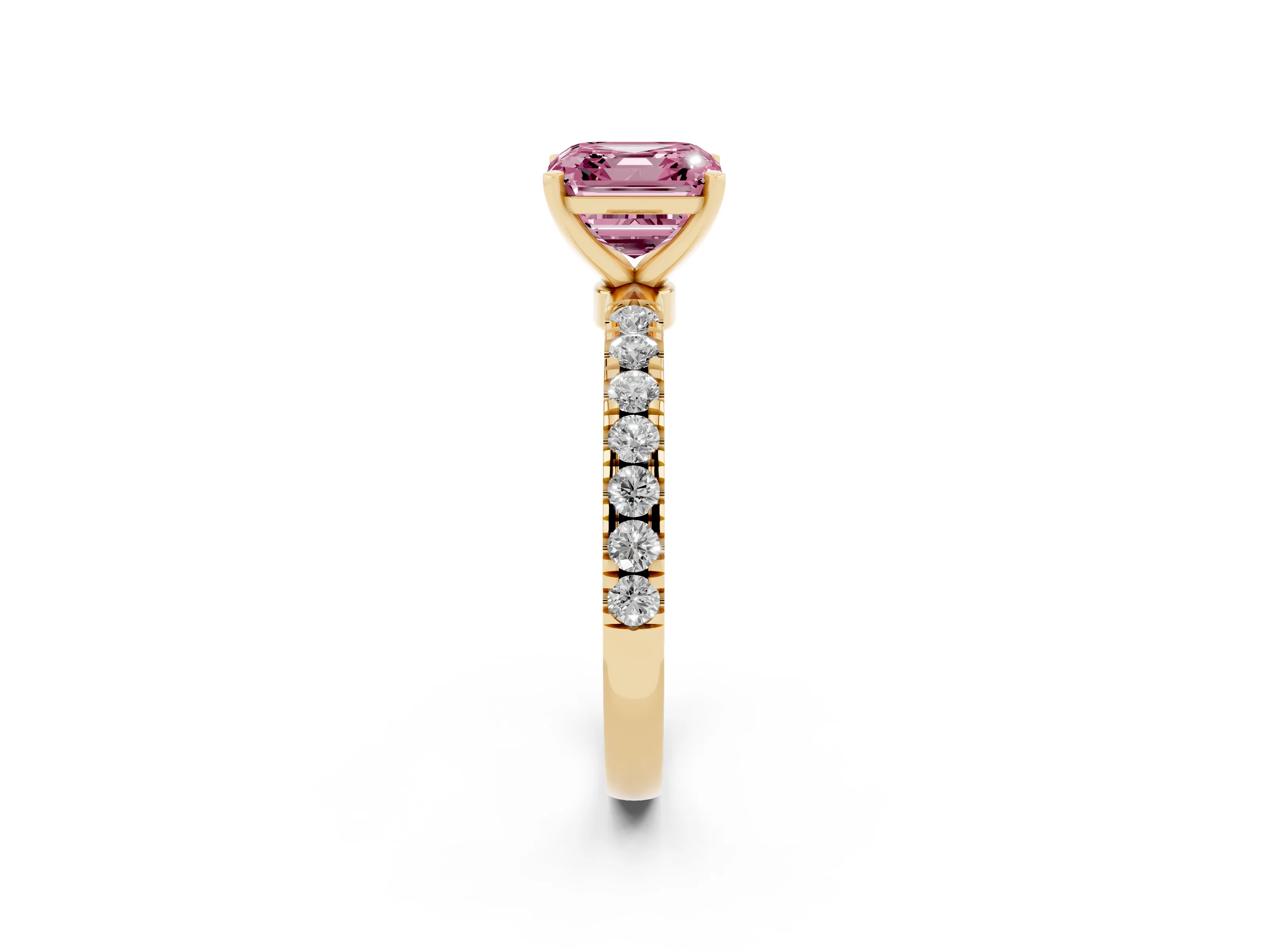 Fancy Pink Asscher Cut Diamond Solitaire Ring Set in Yellow gold with Pavé Accents and Prong Setting