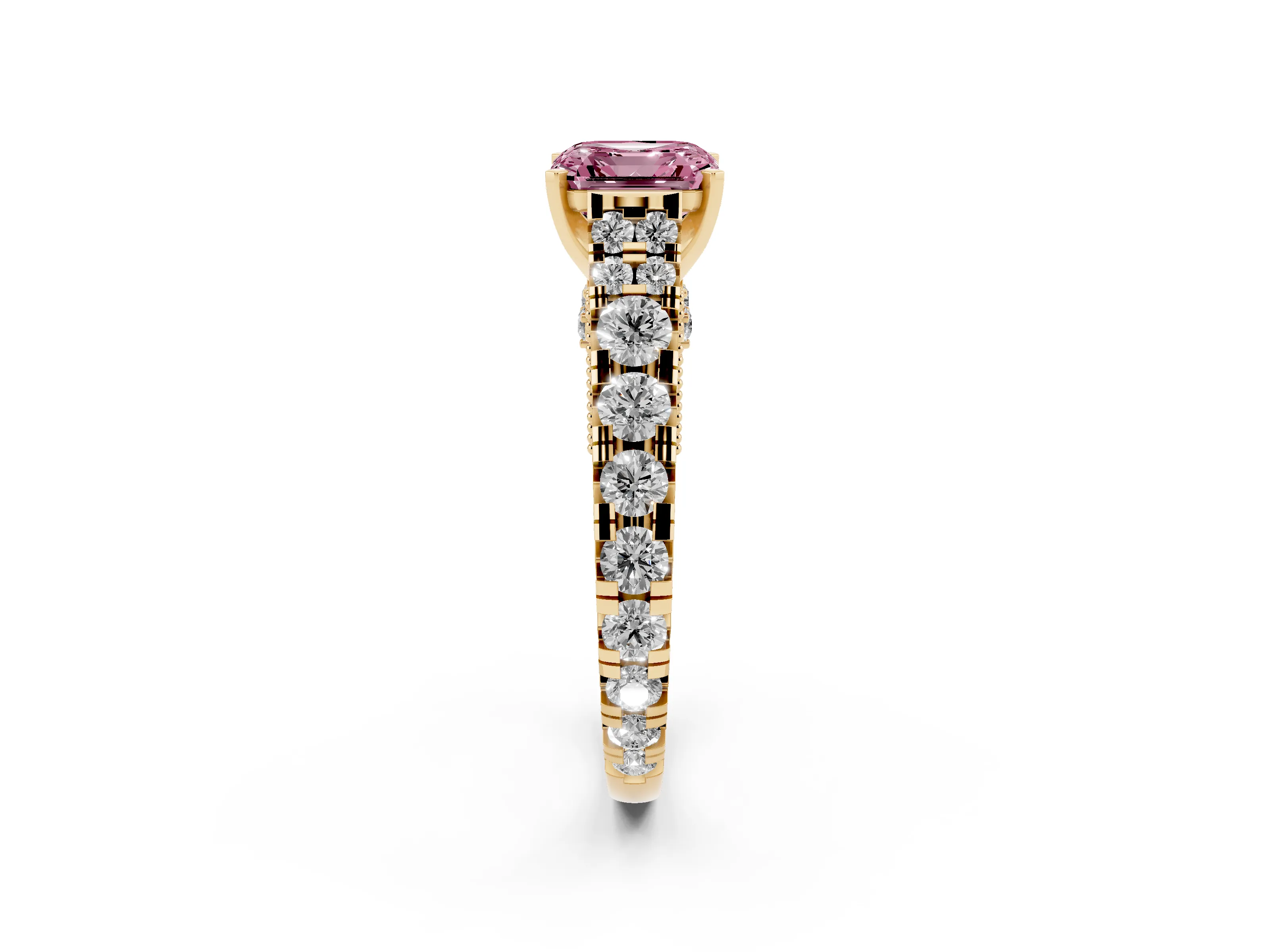 Fancy Pink Asscher Cut Diamond Classic Solitaire Ring Set in Yellow gold with Pavé Band and Prong Setting