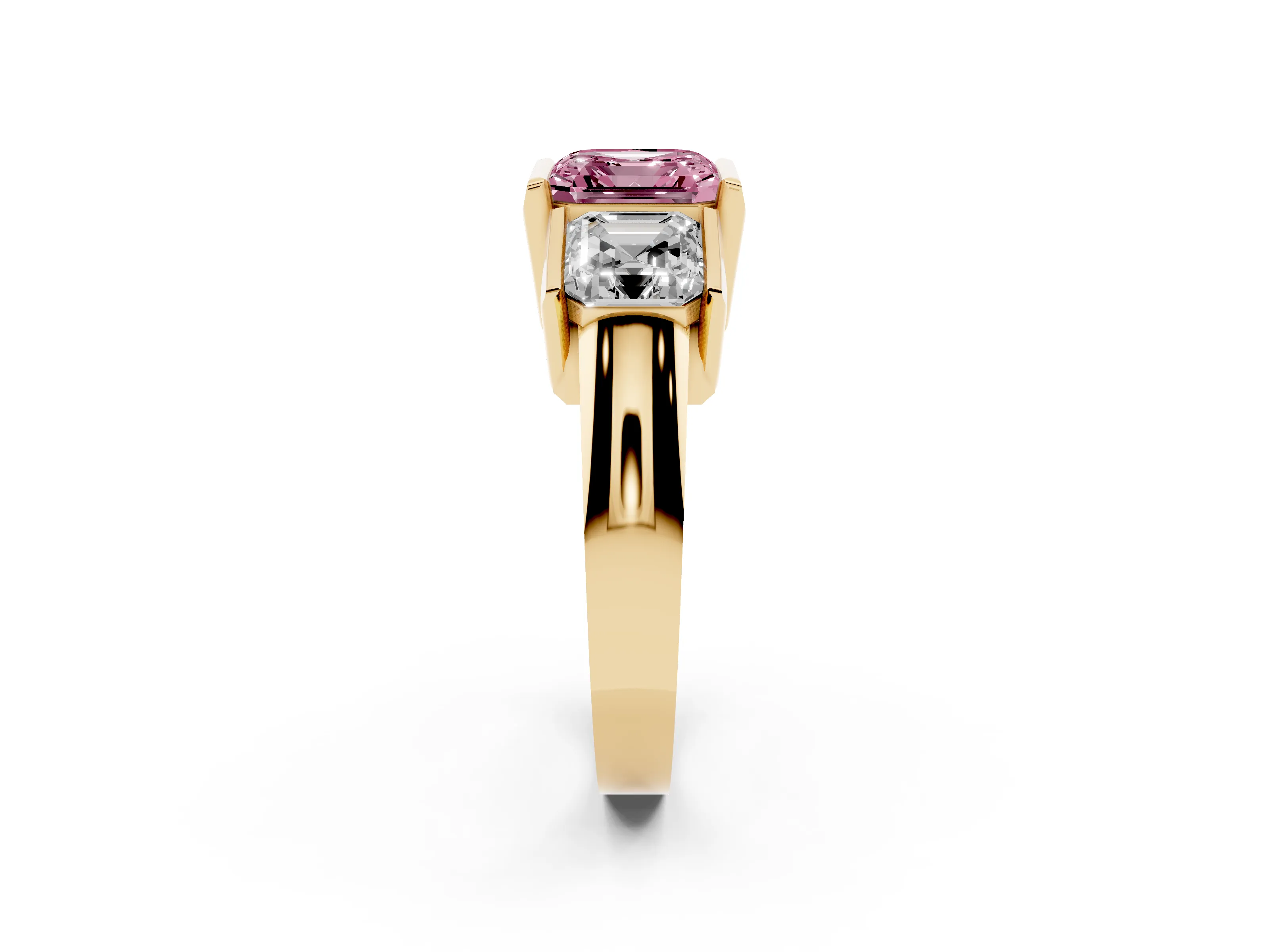 Fancy Pink Asscher Cut Diamond Three-Stone Channel Set Ring Set in Yellow gold with Smooth Polished Band