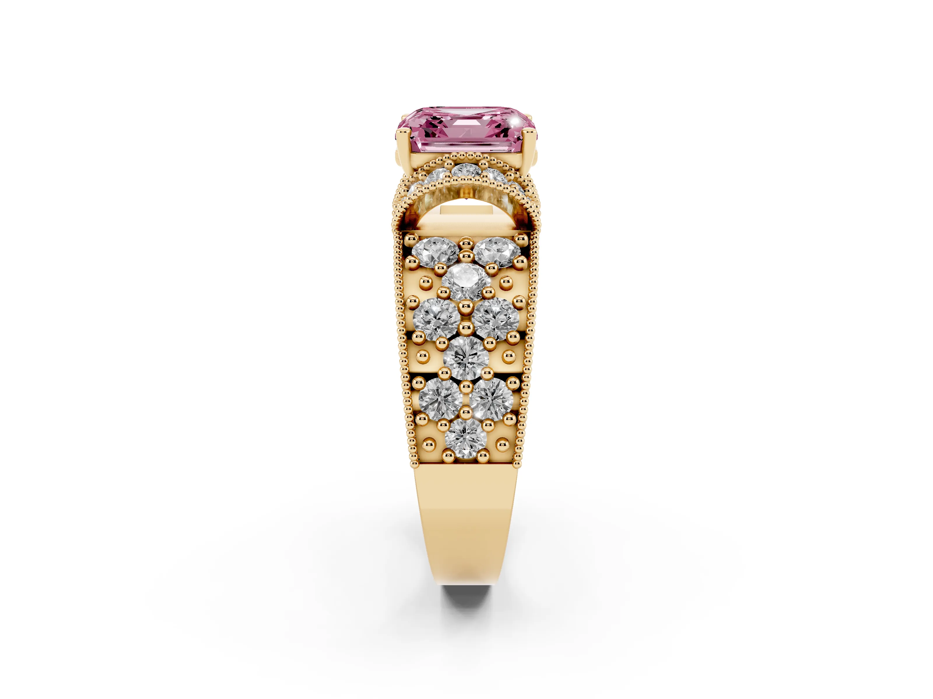Fancy Pink Asscher Cut Diamond Milgrain Halo Pavé Engagement Ring Set in Yellow gold with Prong Setting