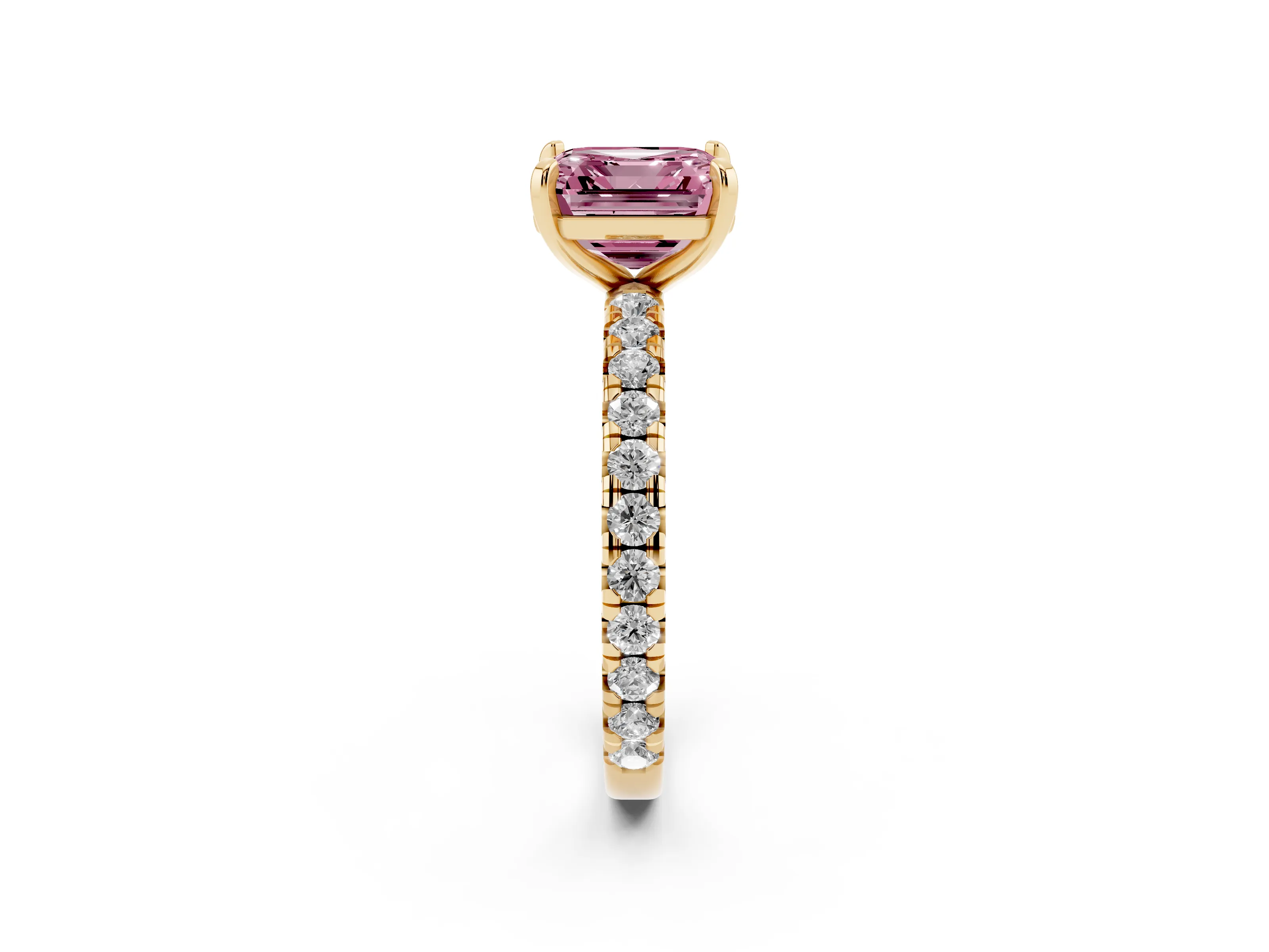 Fancy Pink Asscher Cut Diamond Pavé Solitaire Ring Set in Yellow gold with Round Band and Prong Setting