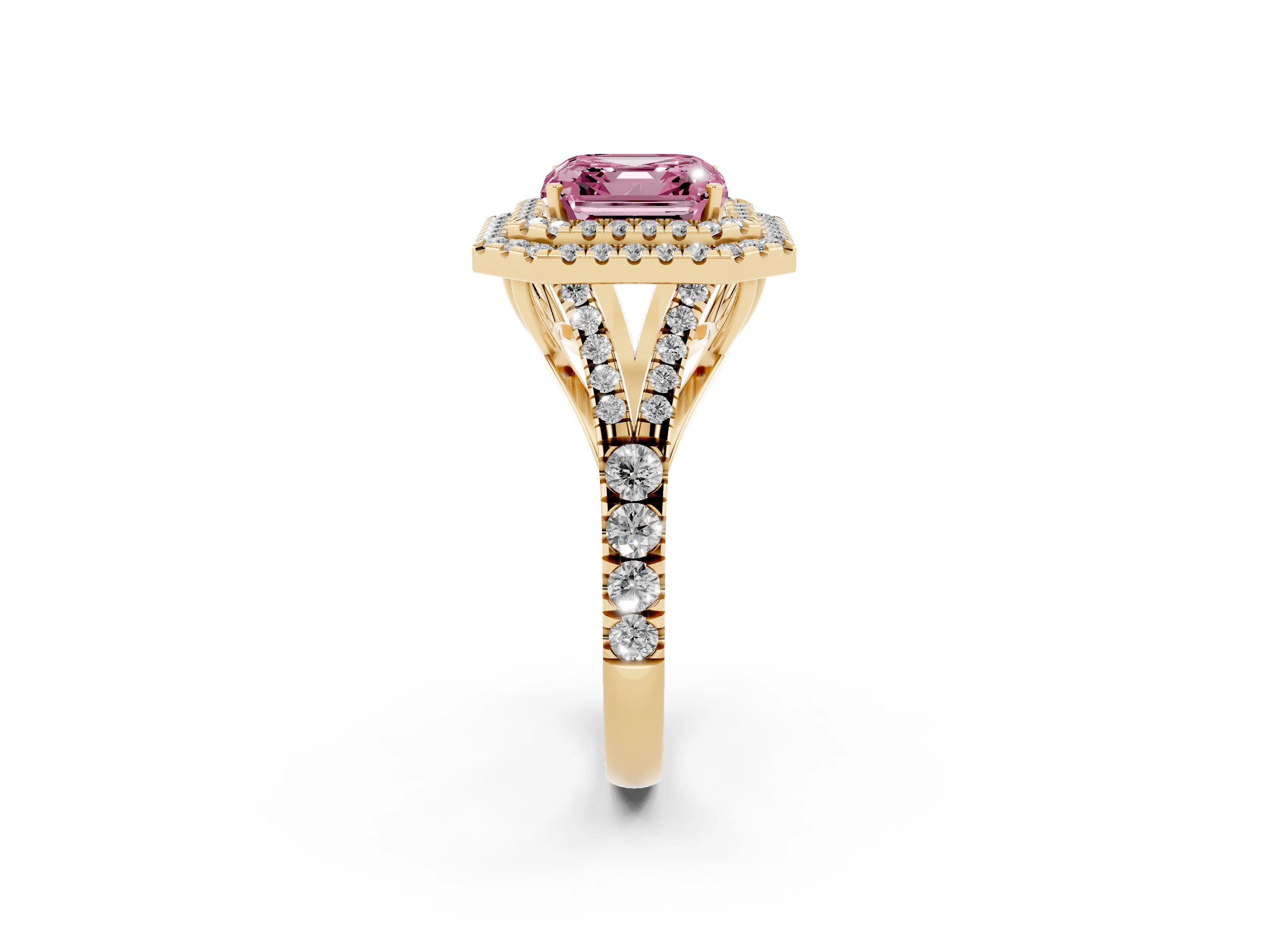 Fancy Pink Asscher Cut Diamond Pavé Split Shank Double Halo Engagement Ring Set in Yellow gold