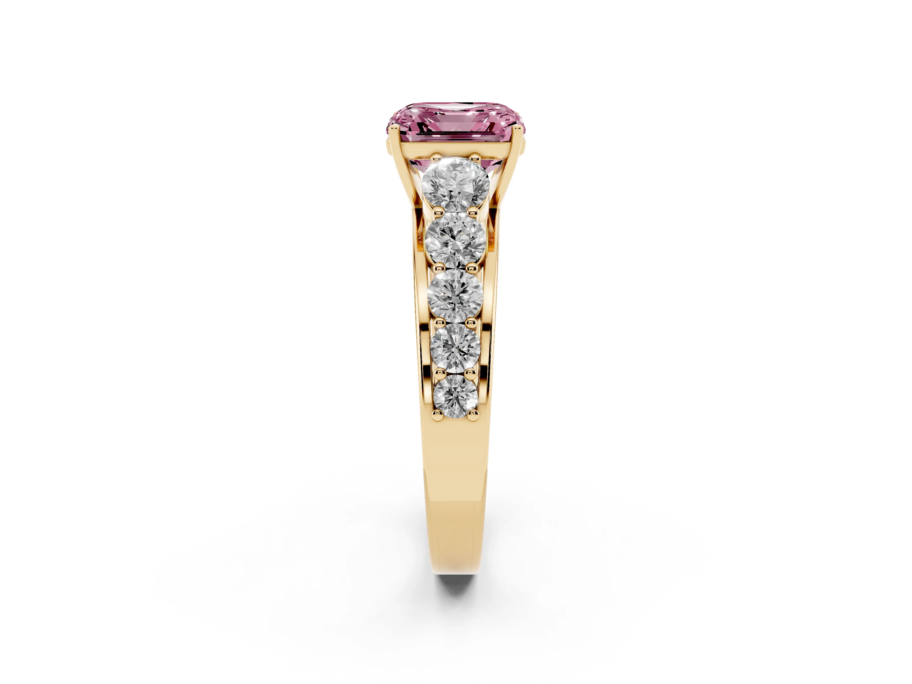 Fancy Pink Asscher Cut Diamond Solitaire Ring Set in Yellow gold with Pavé-Set Band and Prong Setting
