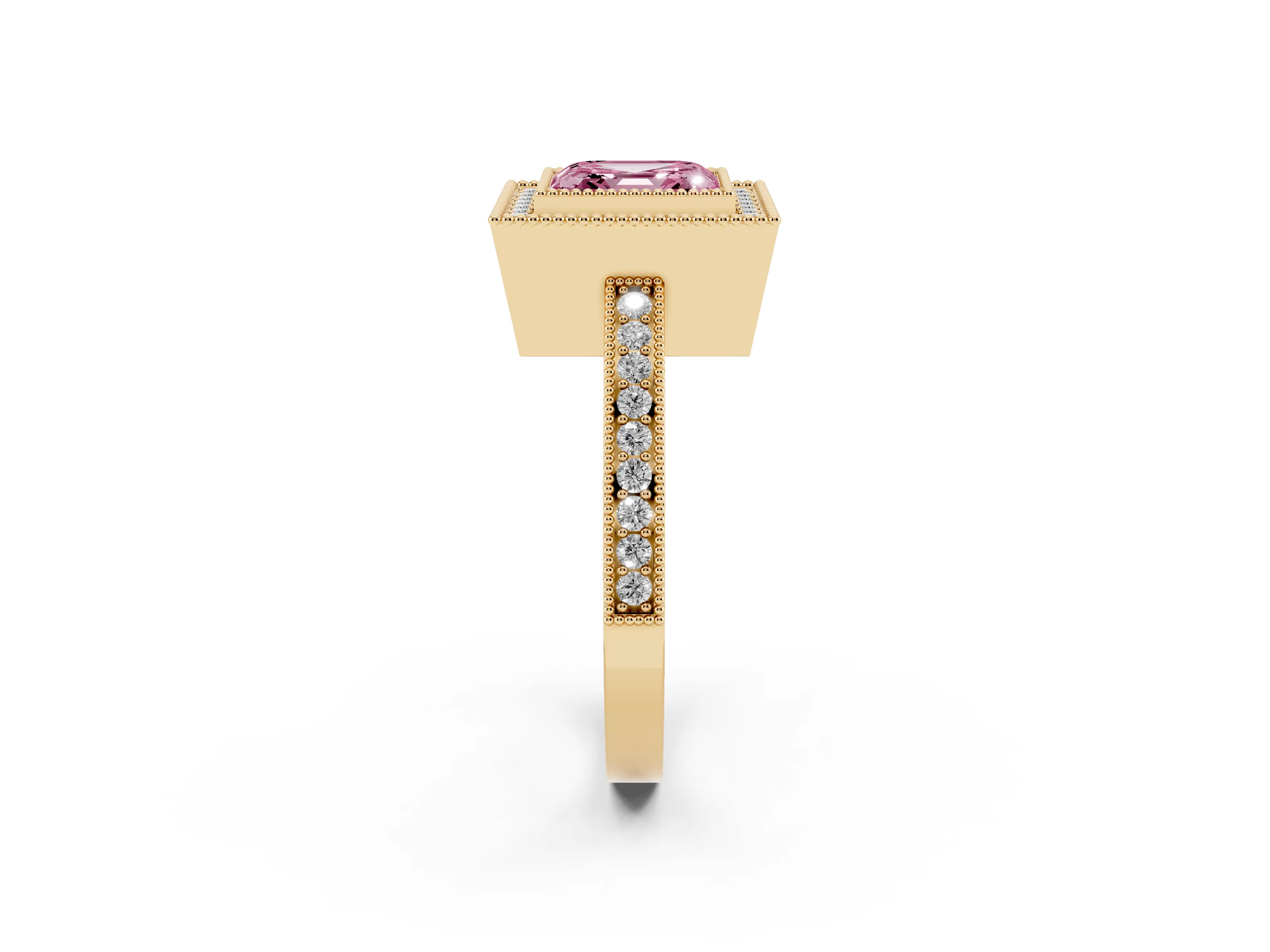 Fancy Pink Asscher Cut Diamond Round Halo Ring Set in Yellow gold with Pavé Band