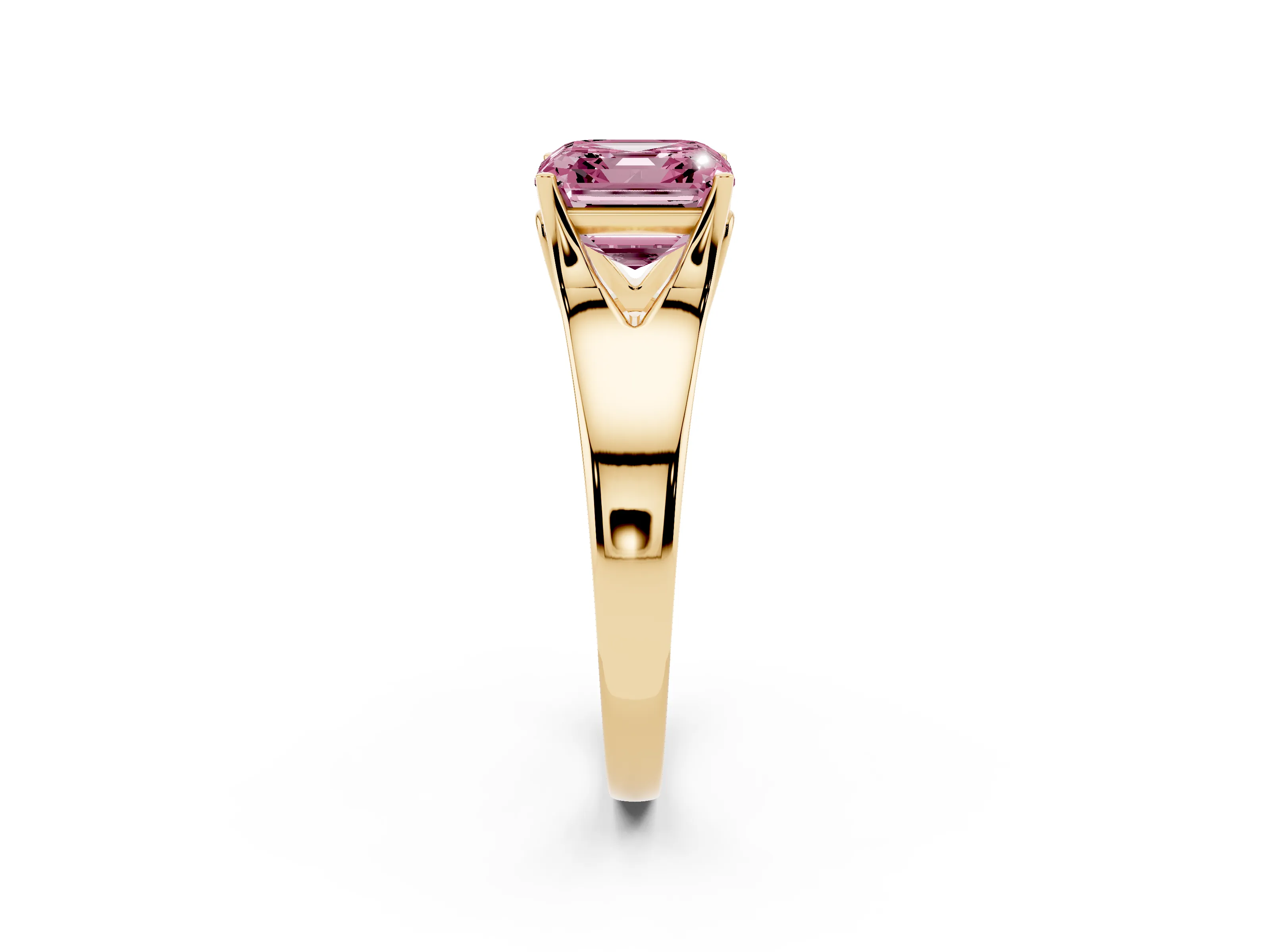 Fancy Pink Asscher Cut Diamond Solitaire Ring Set in Yellow gold with Arched Cathedral Band and Prong Setting