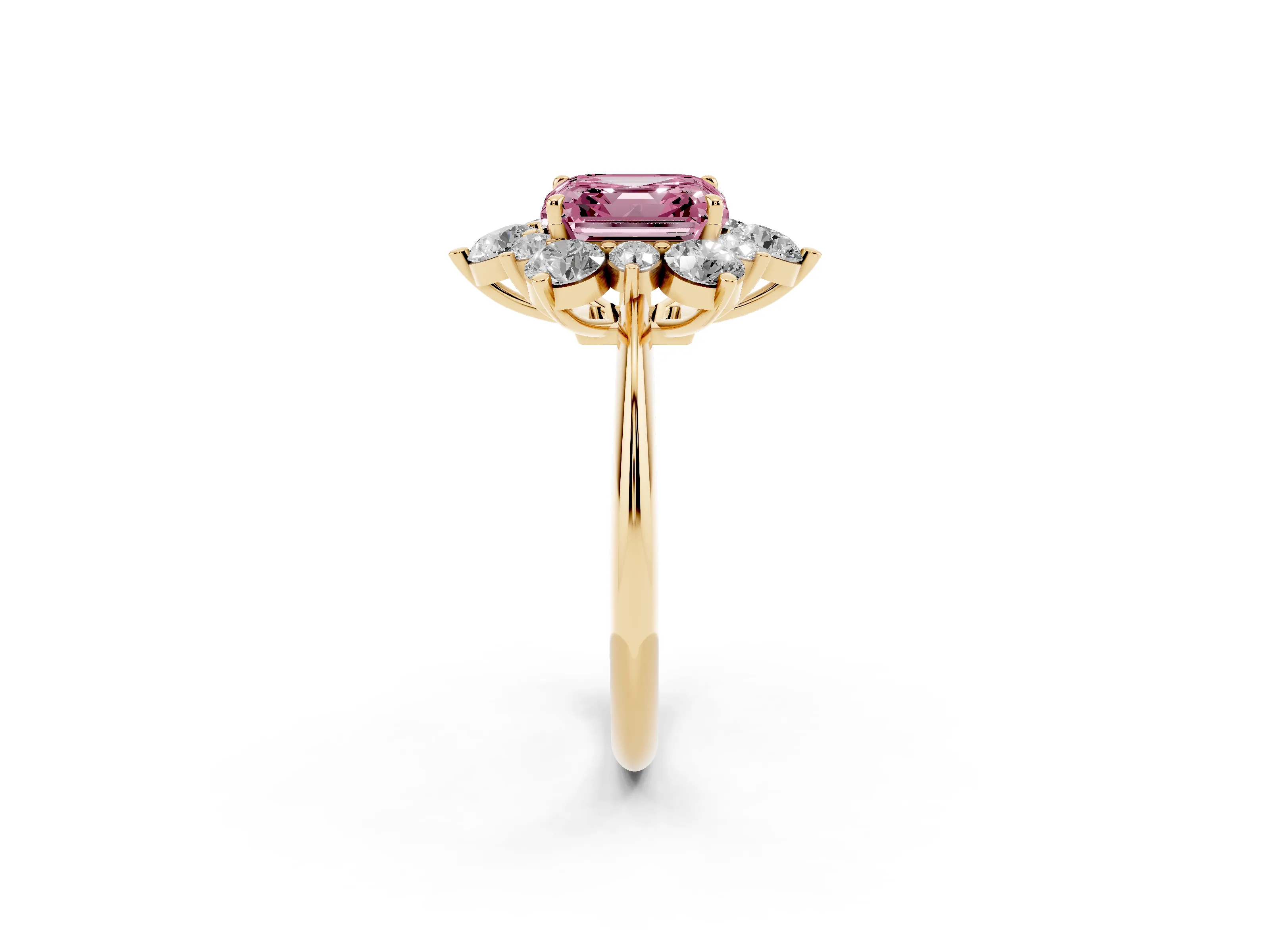 Fancy Pink Asscher Cut Diamond Cluster Halo Ring Set in Yellow gold with Solitaire Band and Prong Setting