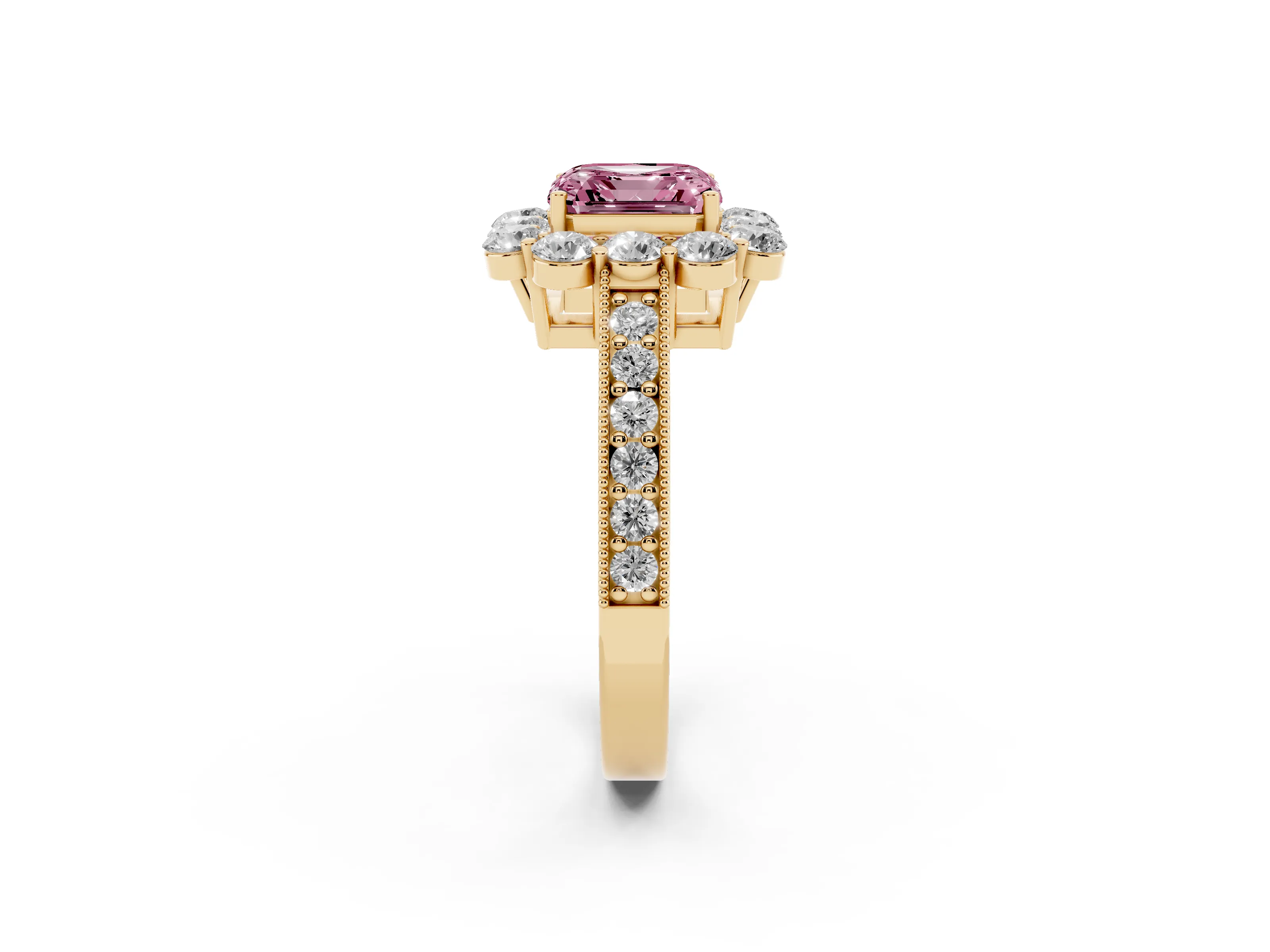 Fancy Pink Asscher Cut Diamond Halo Pavé Engagement Ring Set in Yellow gold with Milgrain Detailing