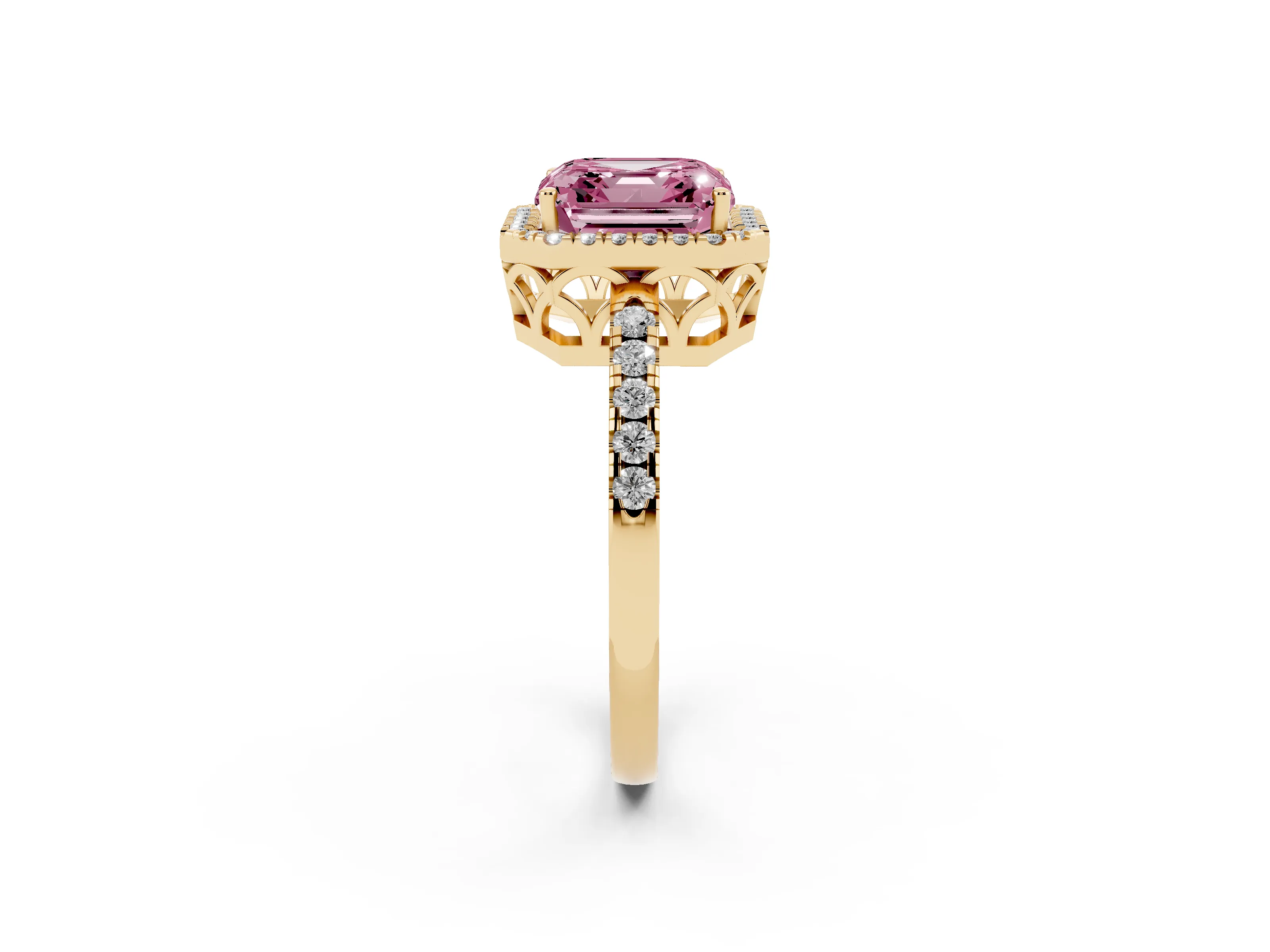 Fancy Pink Asscher Cut Diamond Pavé Band Halo Engagement Ring Set in Yellow gold with Prong Setting