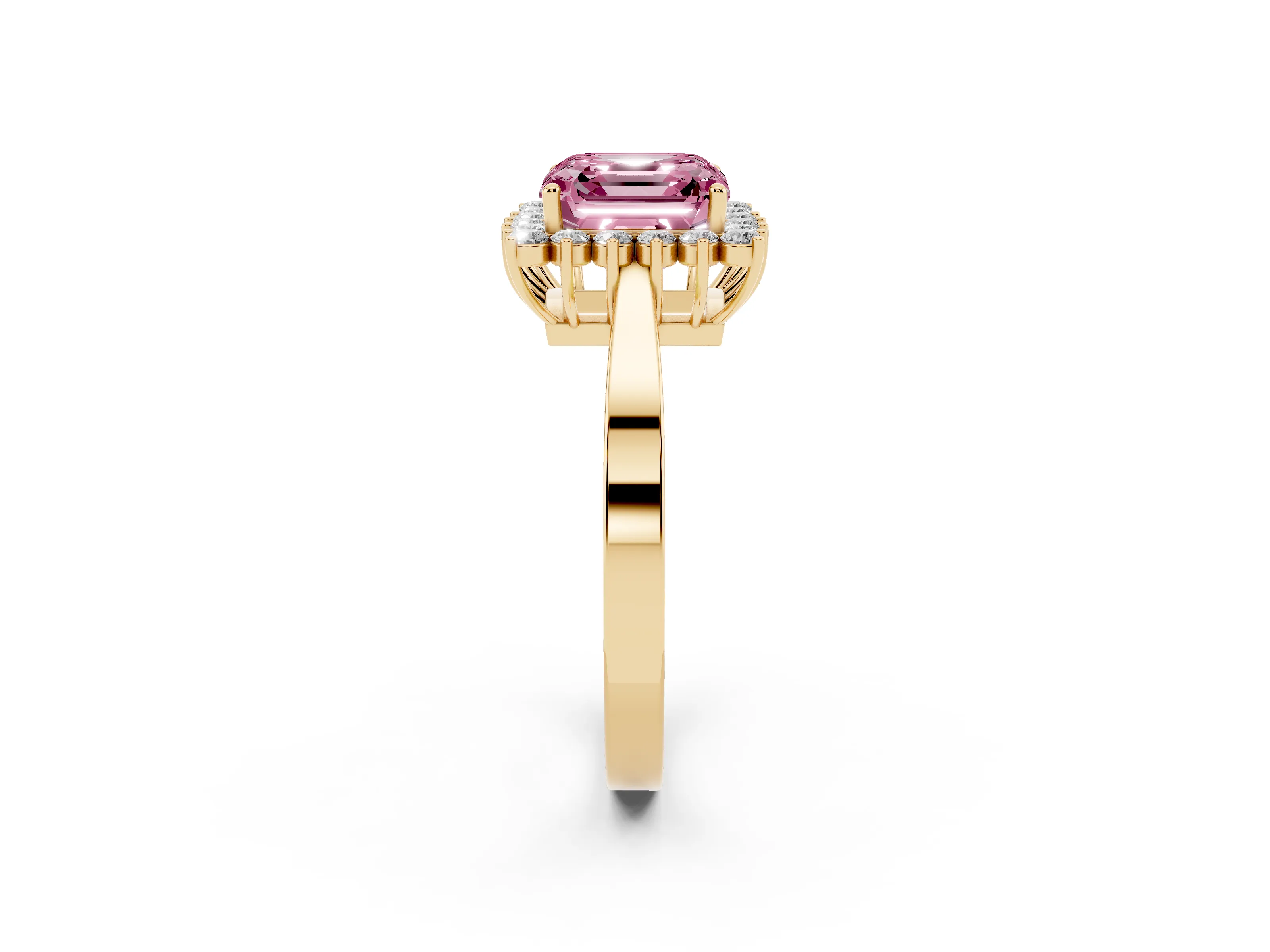 Fancy Pink Asscher Cut Diamond Halo Ring Set in Yellow gold with Round Halo and Smooth Solitaire Band