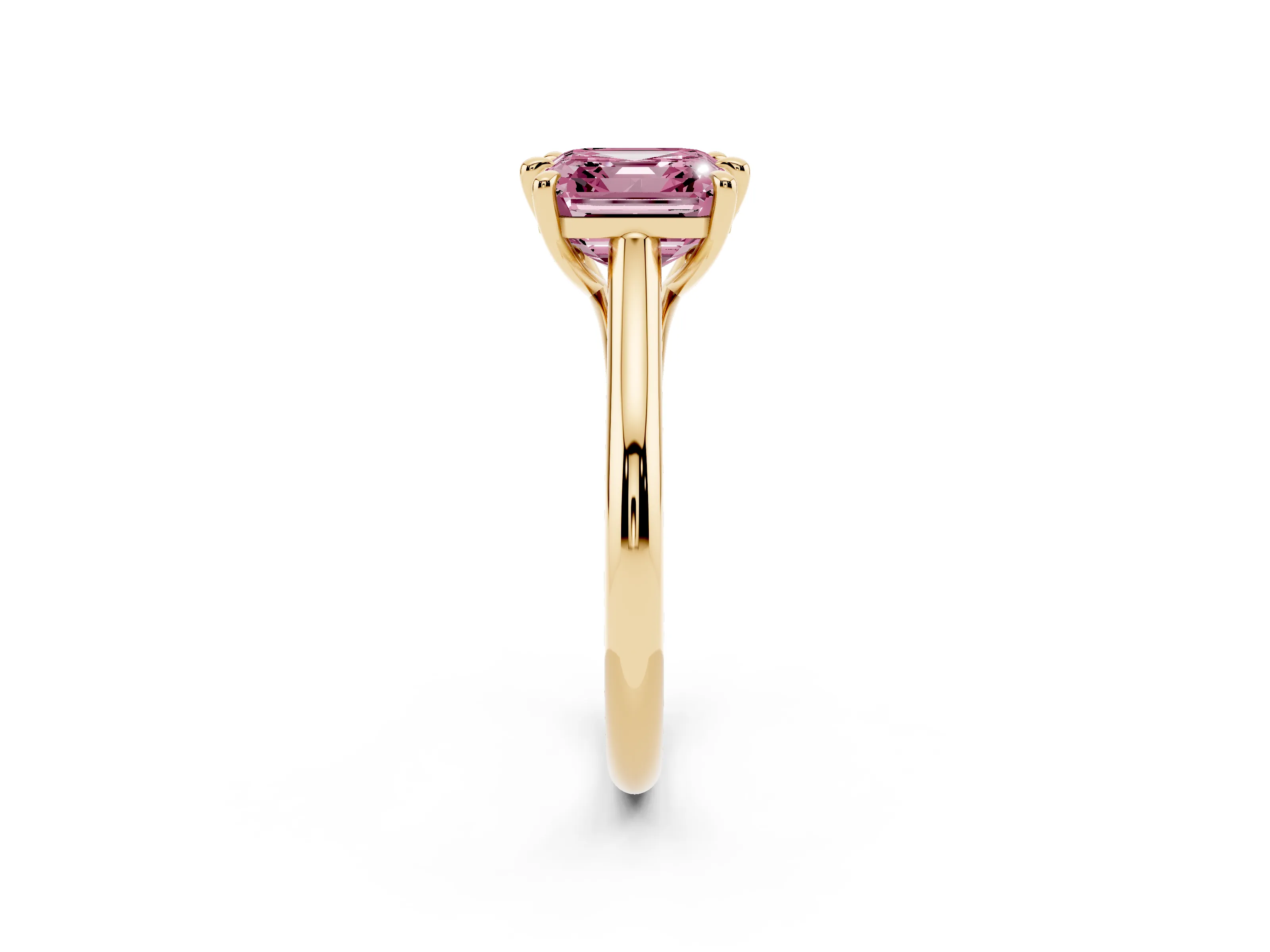 Fancy Pink Asscher Cut Diamond Solitaire Engagement Ring Set in Yellow gold with Prong Setting and Plain Classic Band