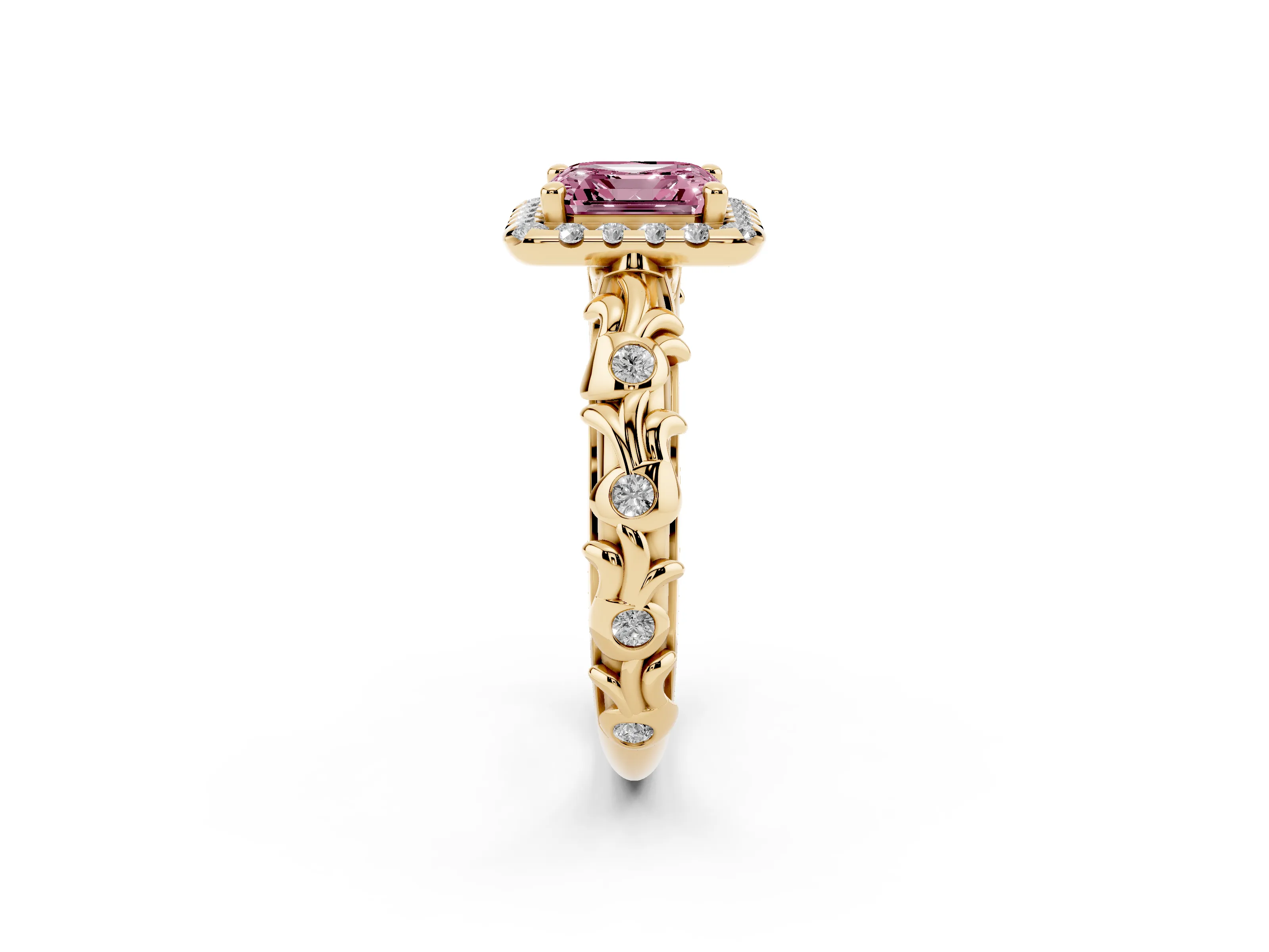 Fancy Pink Asscher Cut Diamond Halo Ring Set in Yellow gold with Filigree Leaf Band and Prong Setting