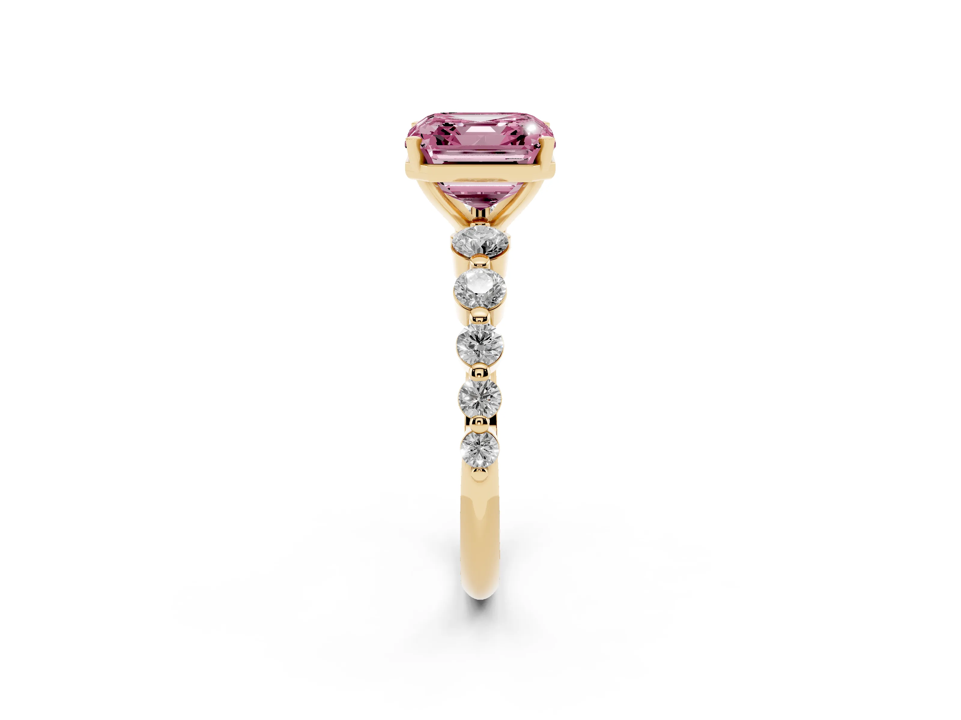 Fancy Pink Asscher Cut Diamond Solitaire Ring Set in Yellow gold with Pavé Band and Prong Setting