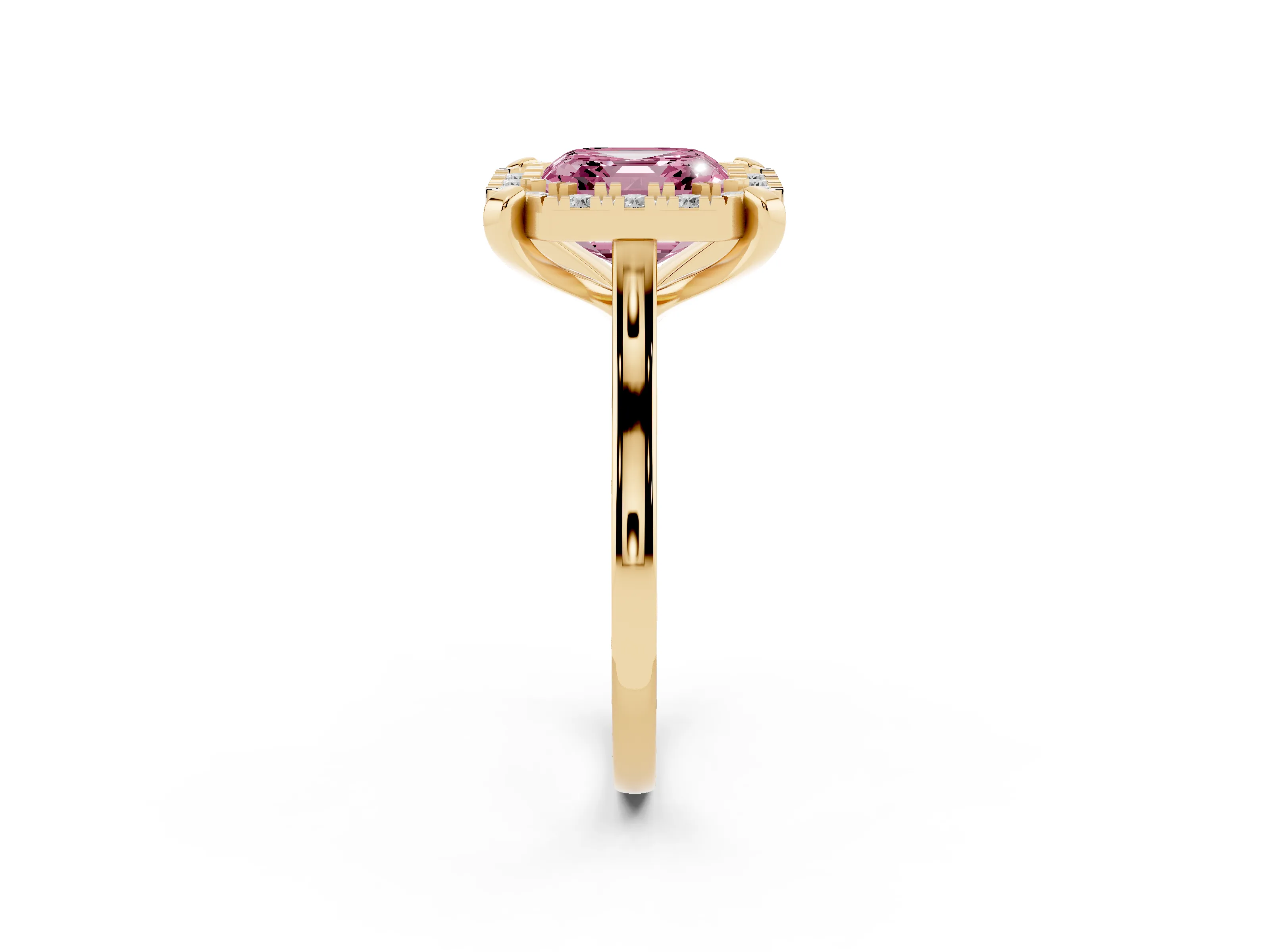 Fancy Pink Asscher Cut Diamond Cluster Halo Solitaire Ring Set in Yellow gold with Prong Setting
