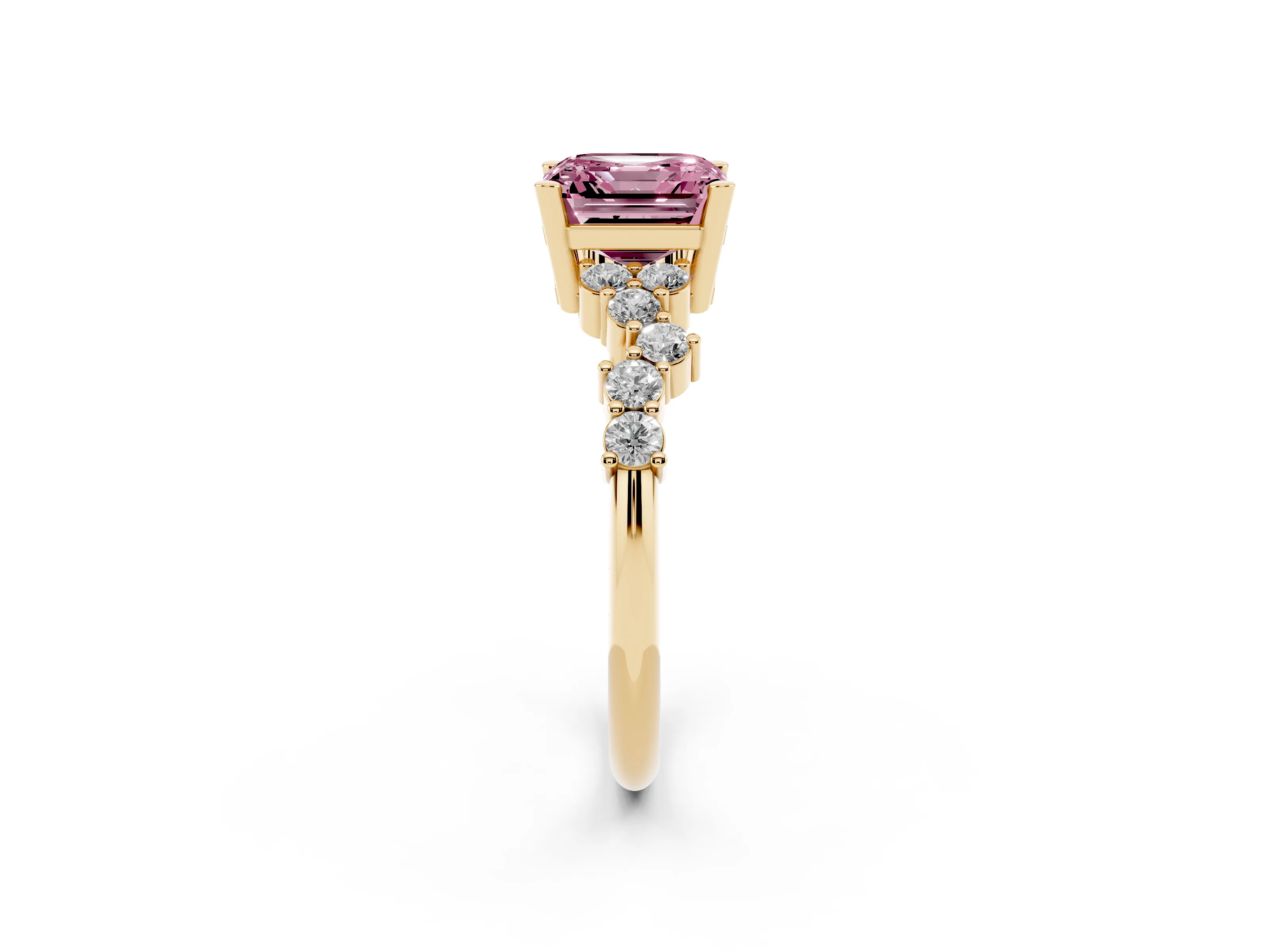 Fancy Pink Asscher Cut Diamond Ring Set in Yellow gold with Scattered Round Accents