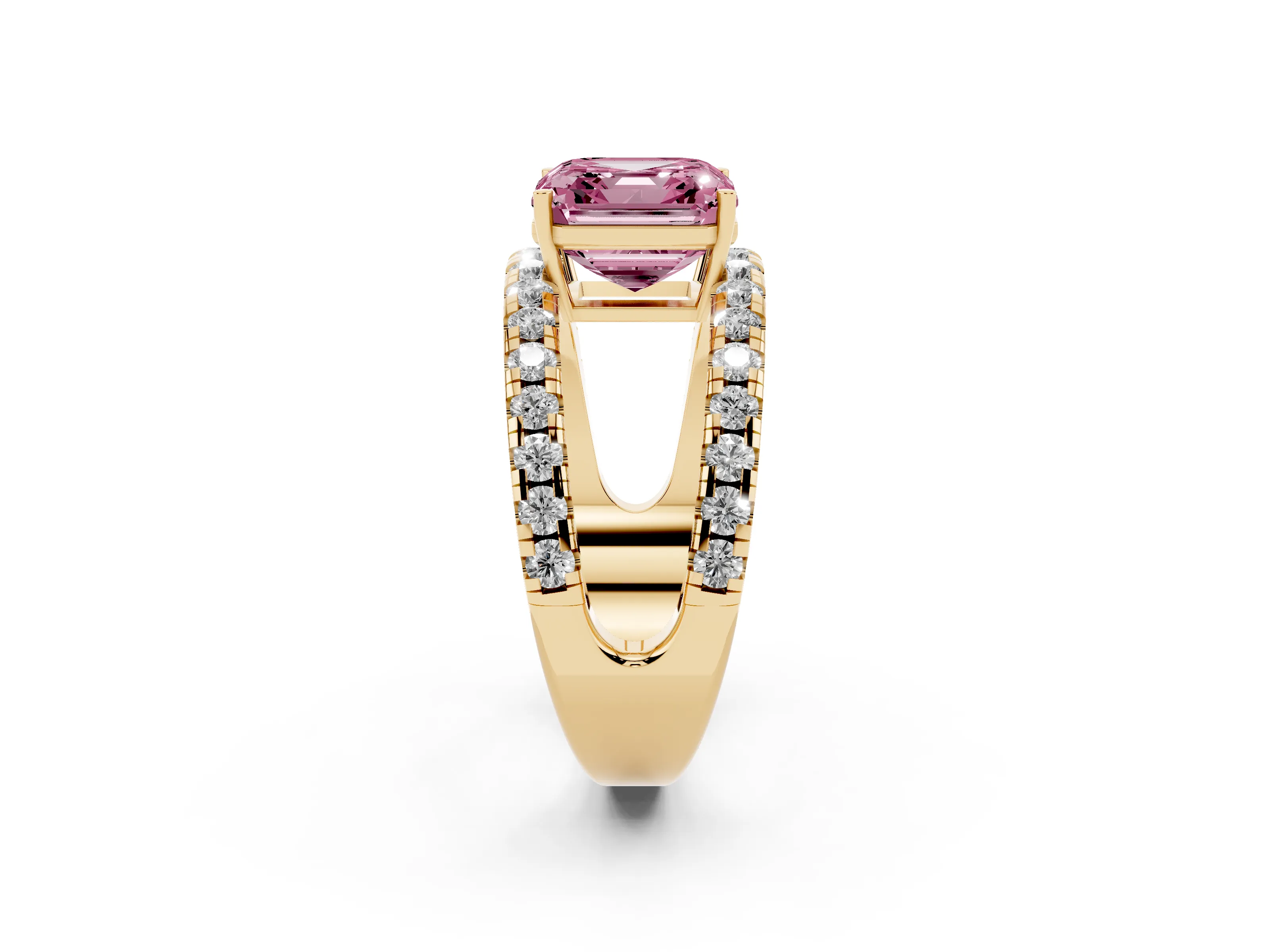 Fancy Pink Asscher Cut Diamond Split Shank Pavé Solitaire Ring Set in Yellow gold with Open Shank Design