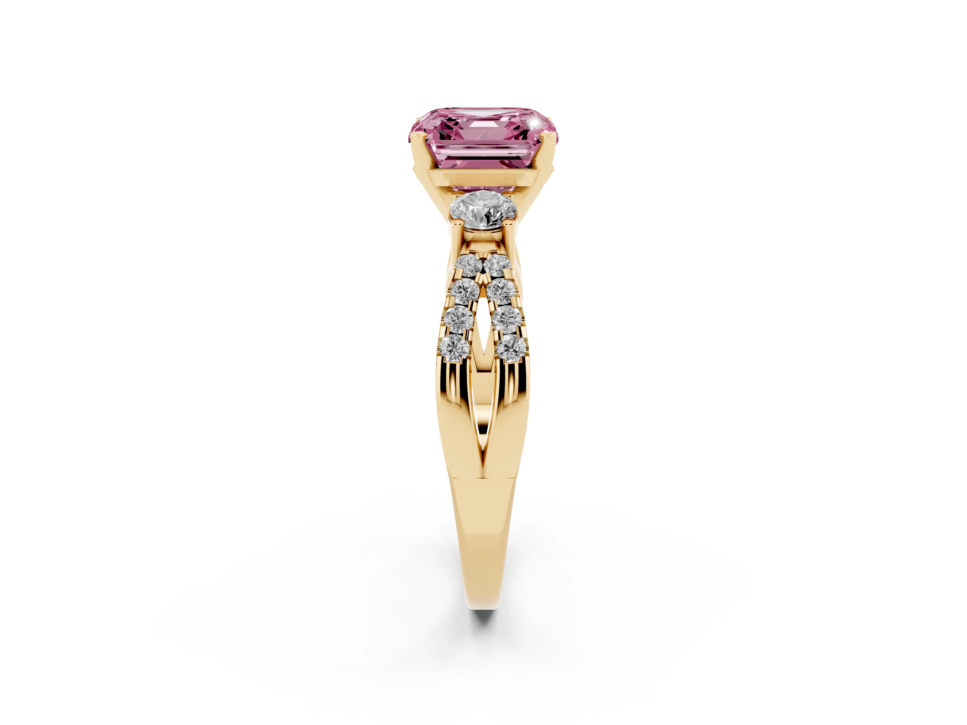 Fancy Pink Asscher Cut Diamond Three-Stone Ring Set in Yellow gold with Pavé Split Shank and Prong Setting