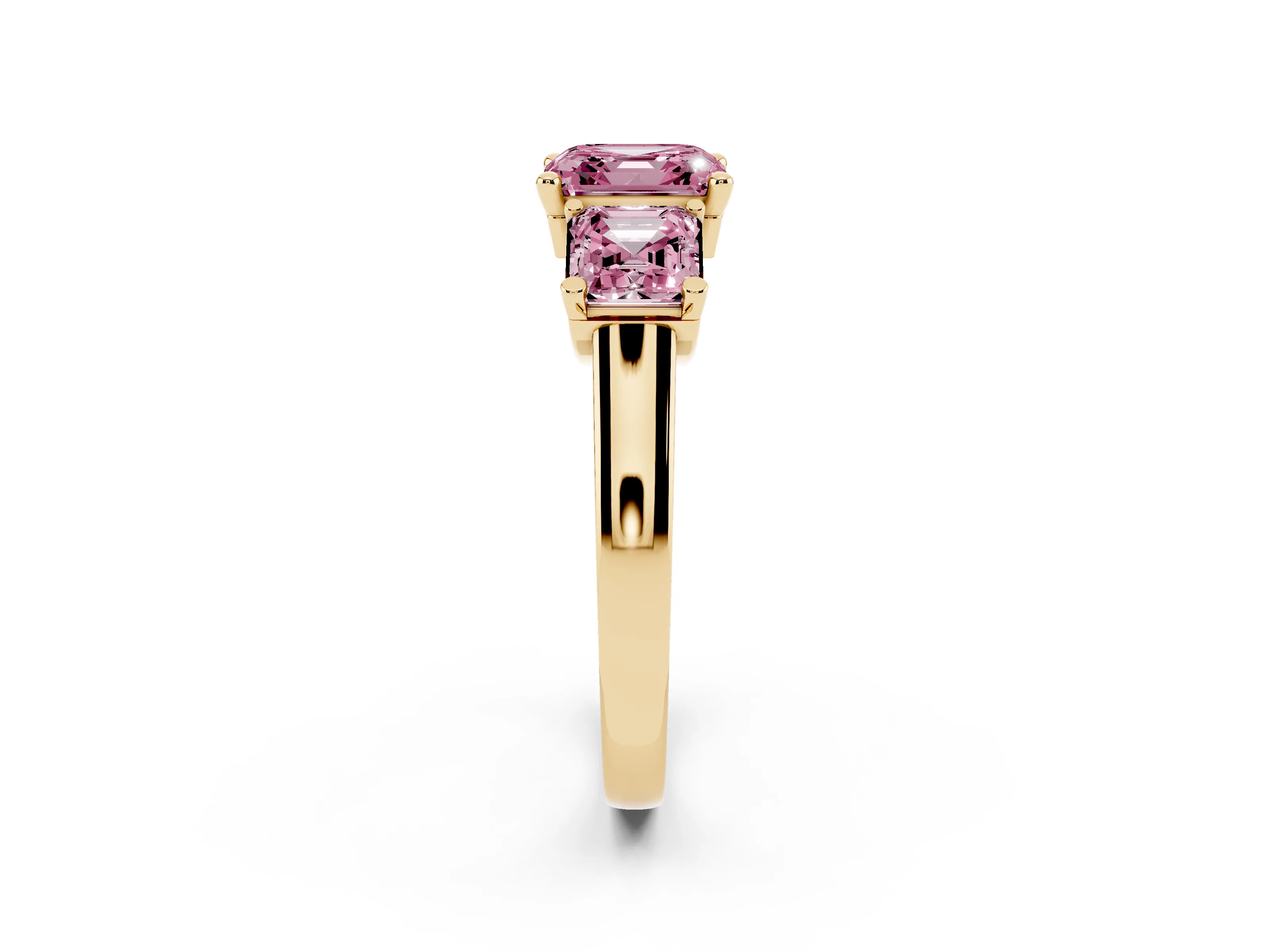 Fancy Pink Asscher Cut Diamond Three-Stone Trellis Ring Set in Yellow gold with Comfort Fit Band