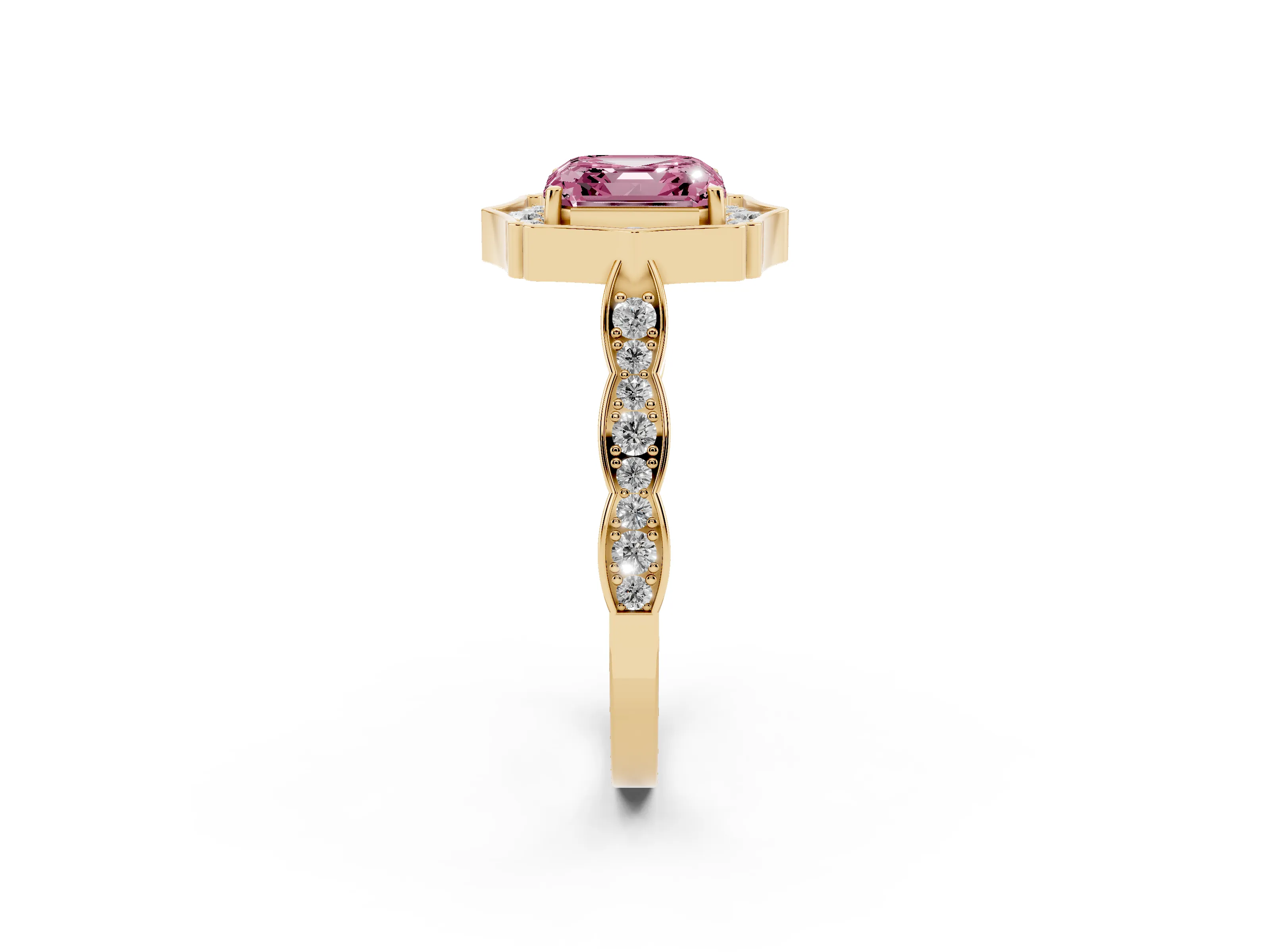 Fancy Pink Asscher Cut Diamond Halo Engagement Ring Set in Yellow gold with Milgrain Band and Prong Setting