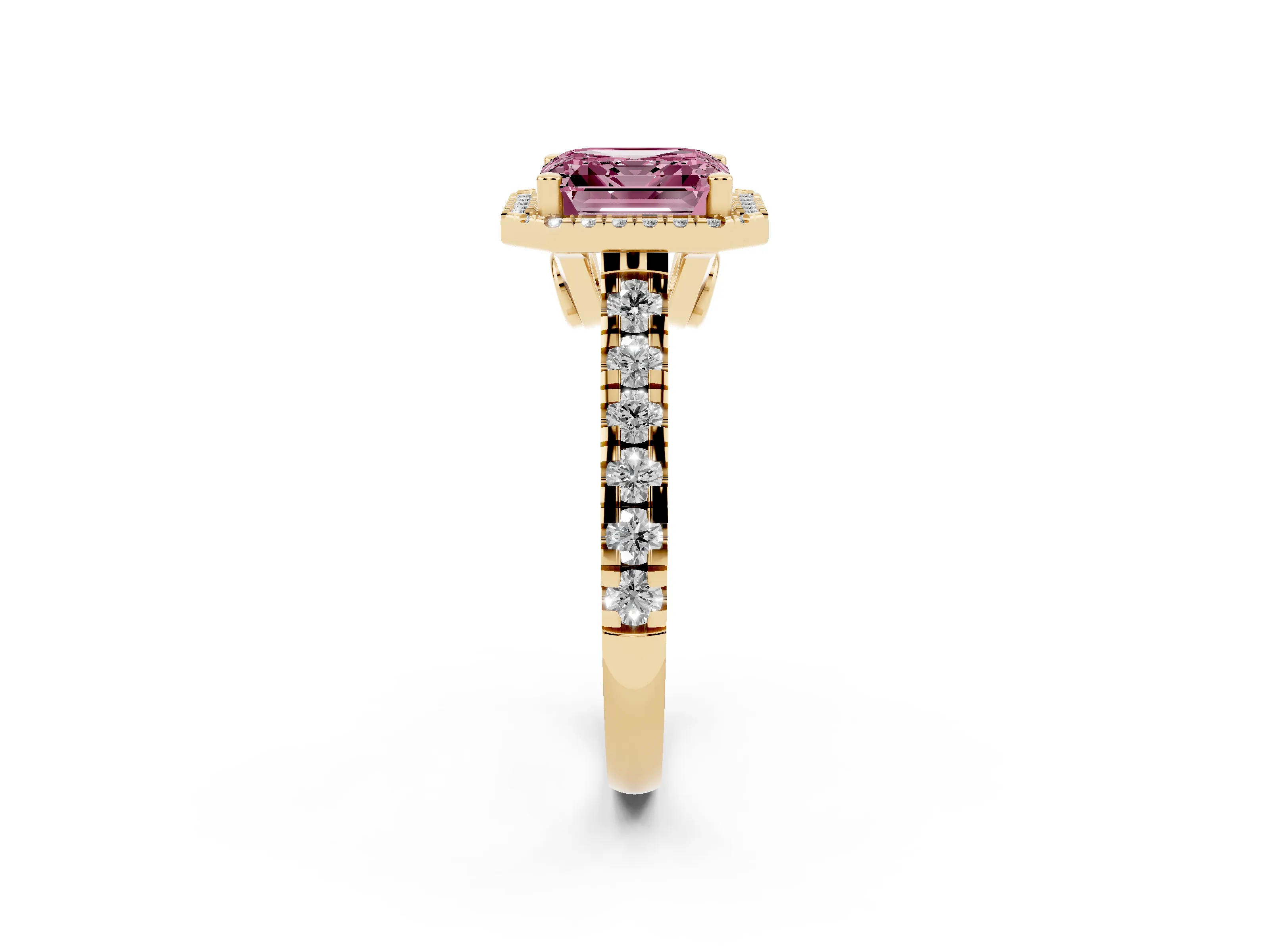 Fancy Pink Asscher Cut Diamond Halo Engagement Ring Set in Yellow gold with Pavé Band and Prong-Set Center