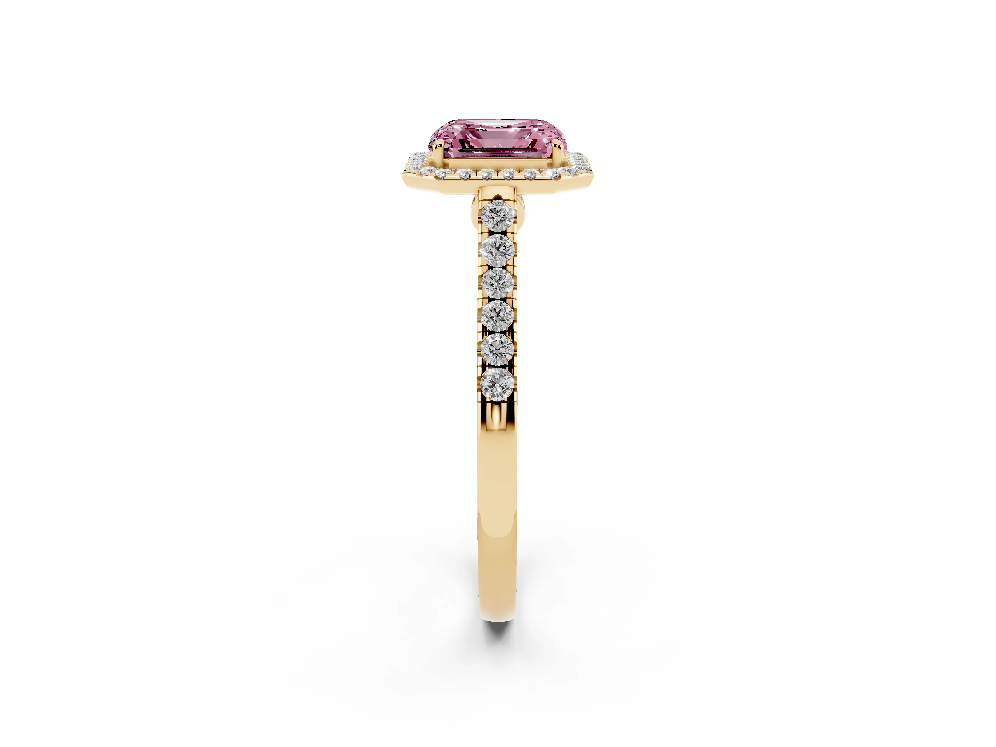 Fancy Pink Asscher Cut Diamond Halo Pavé Engagement Ring Set in Yellow gold with Prong Setting