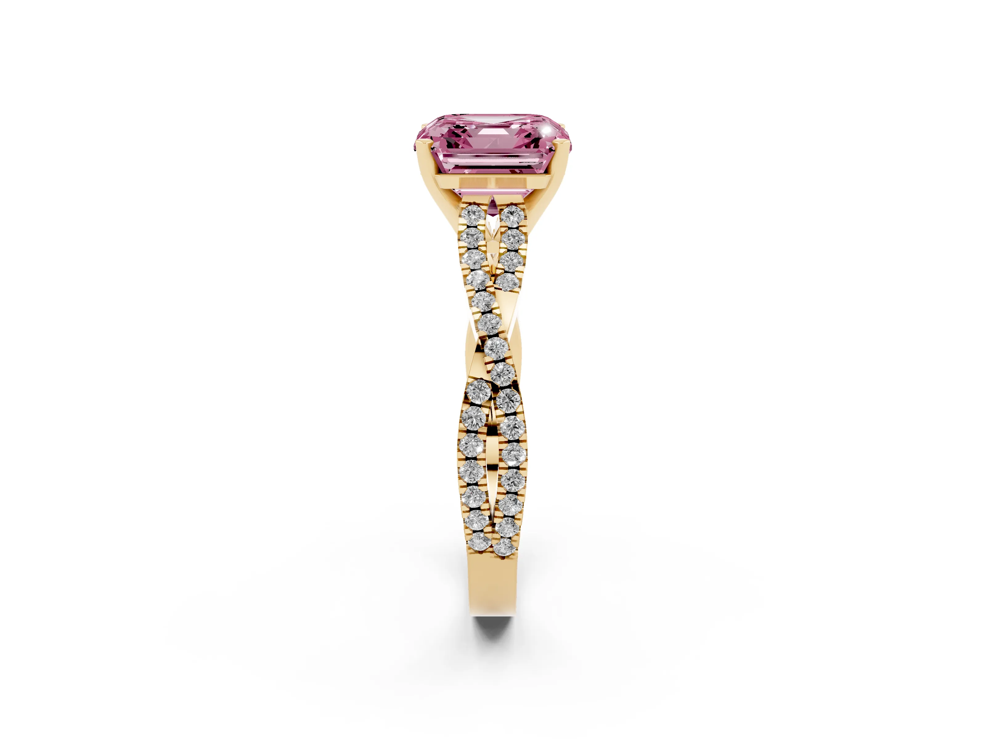 Fancy Pink Asscher Cut Diamond Solitaire Engagement Ring Set in Yellow gold with Twisted Pavé Band and Prong Setting