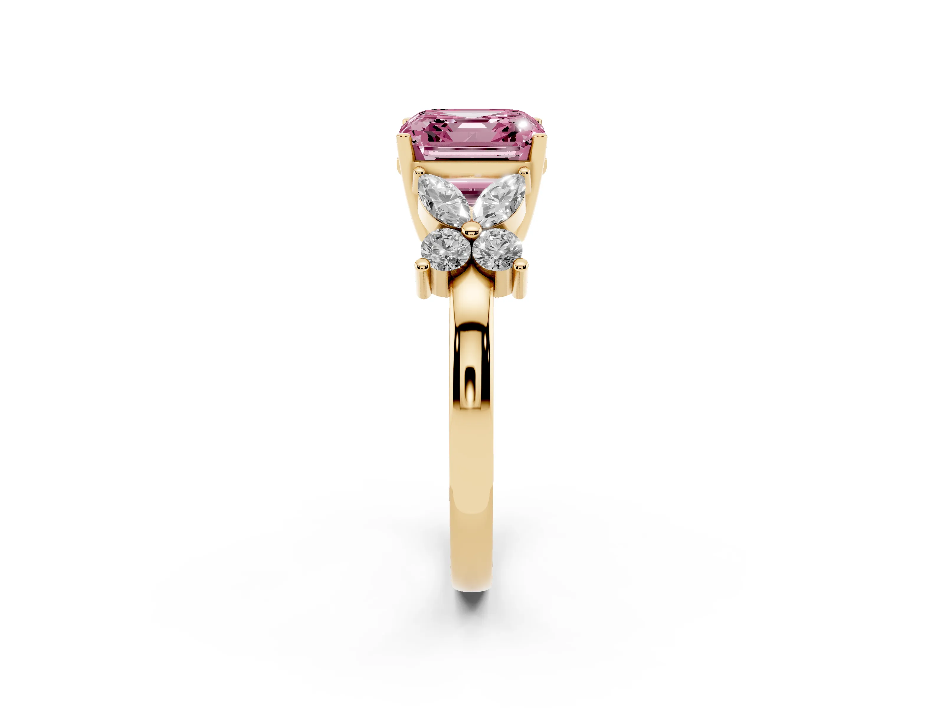 Fancy Pink Asscher Cut Diamond Floral Cluster Ring Set in Yellow gold with Marquise Petals and Prong Setting