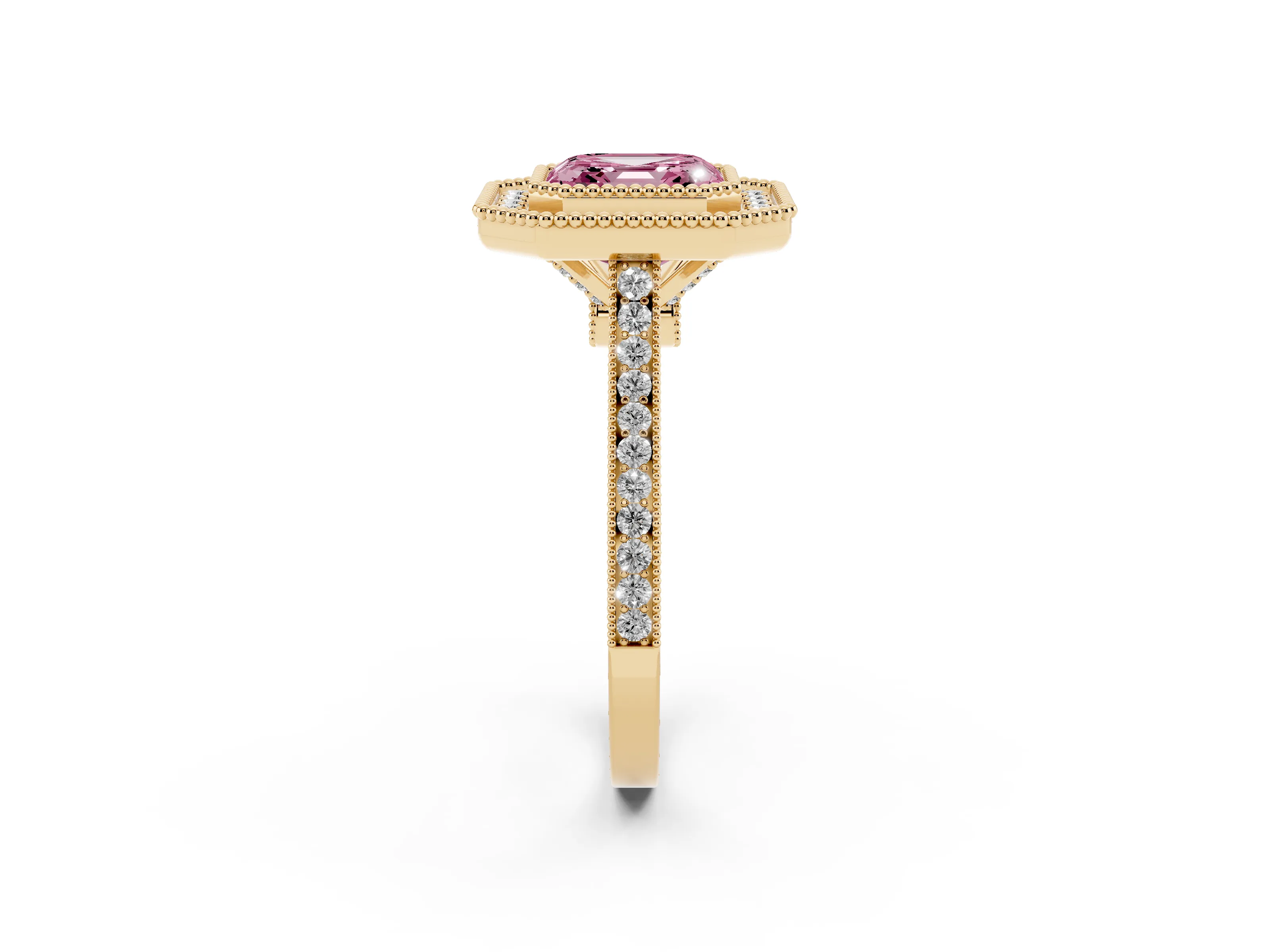 Fancy Pink Asscher Cut Diamond Halo Ring Set in Yellow gold with Milgrain Frame and Pavé Band