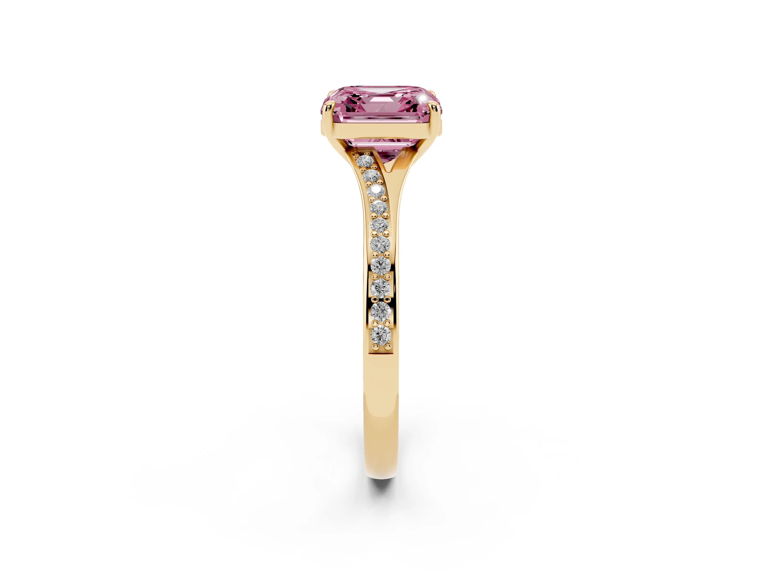 Fancy Pink Asscher Cut Diamond Solitaire Ring Set in Yellow gold with Pavé Accent Band and Classic Prong Setting