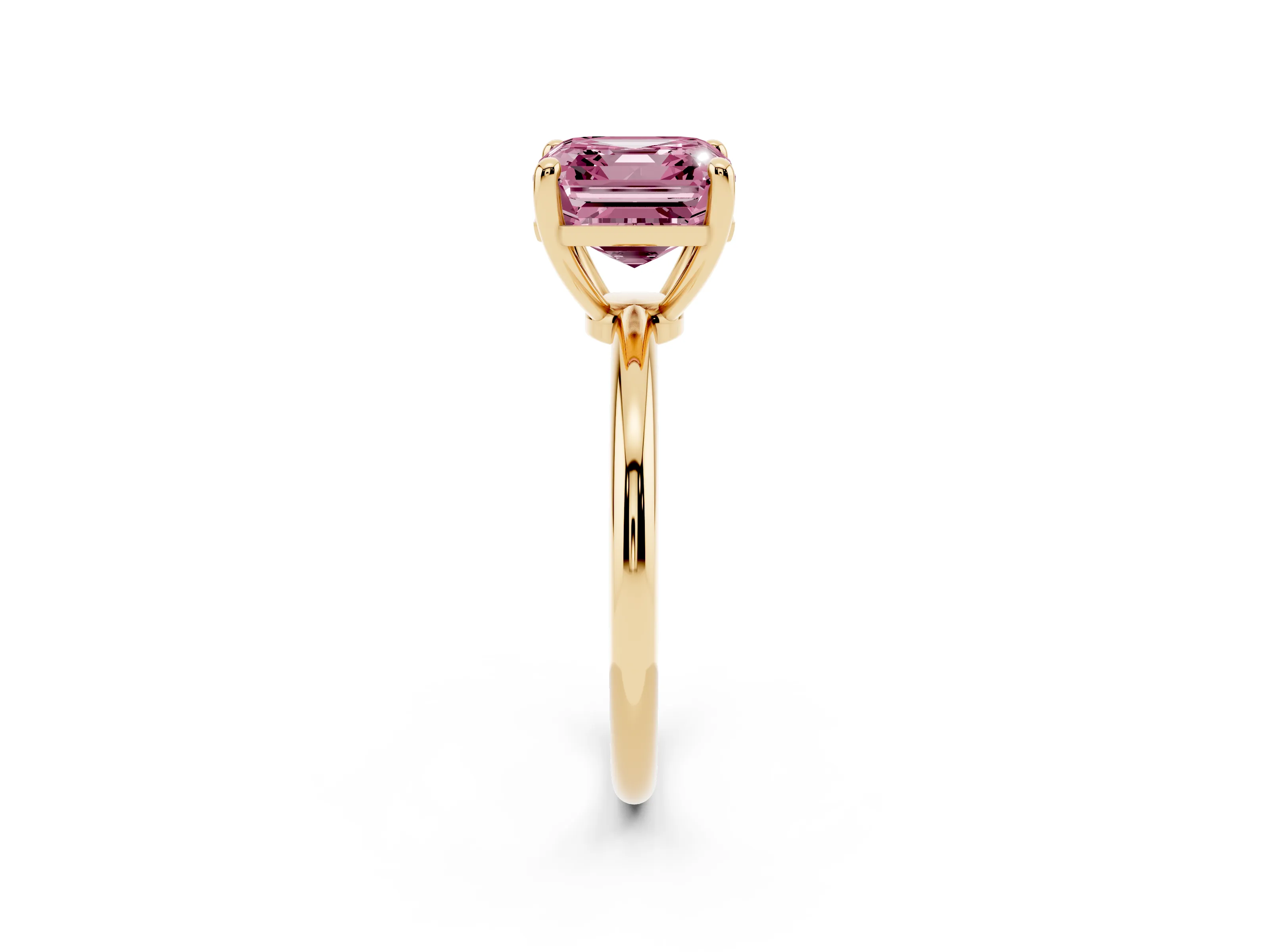 Fancy Pink Asscher Cut Diamond Solitaire Ring Set in Yellow gold with Secure Prong Setting on a Classic Band
